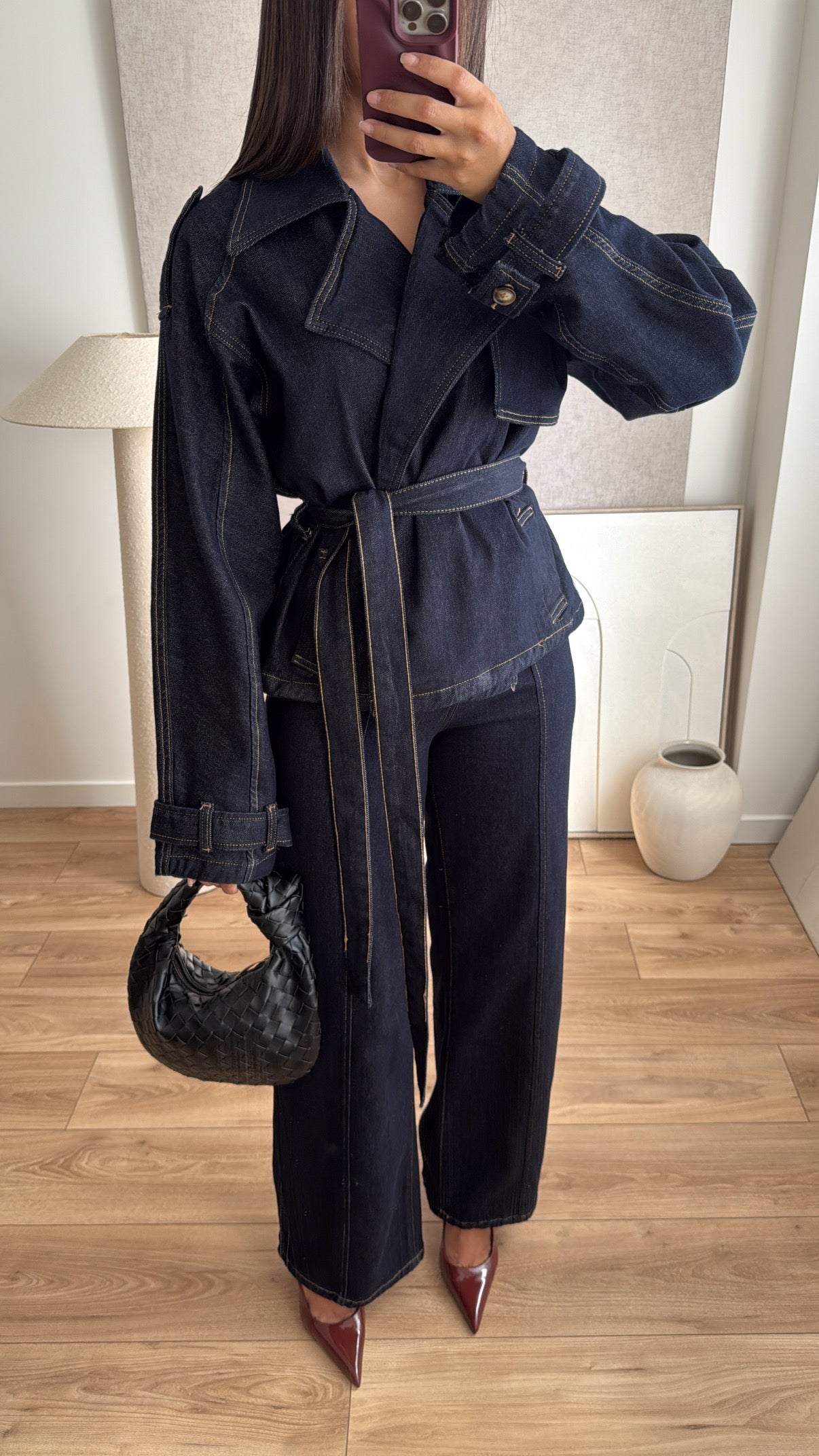 Short denim trench coat [dark blue]