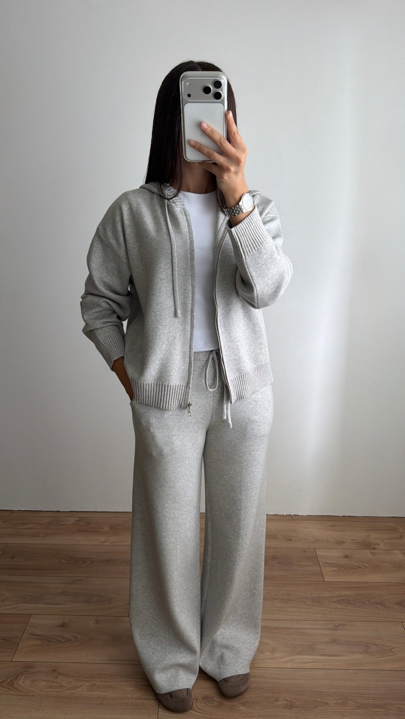 Ensemble en maille à capuche [gris]