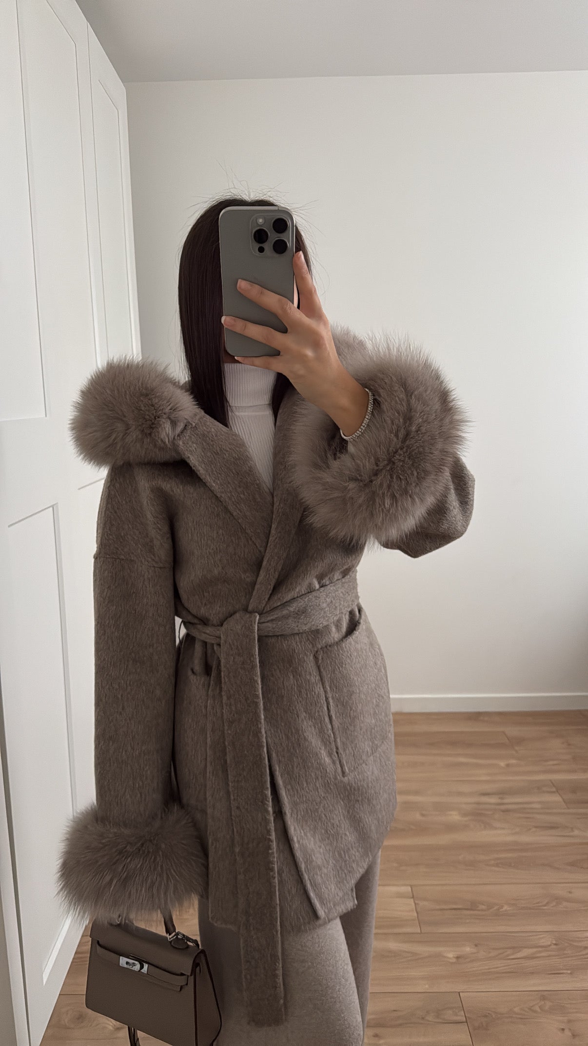 Manteau en laine et fourrure de renard [ taupe ]