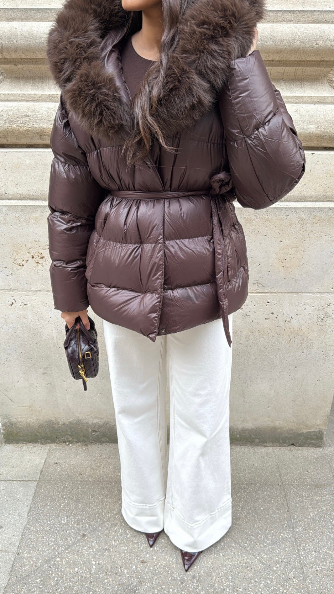 Doudoune avec ceinture et fausse fourrure [ marron ]