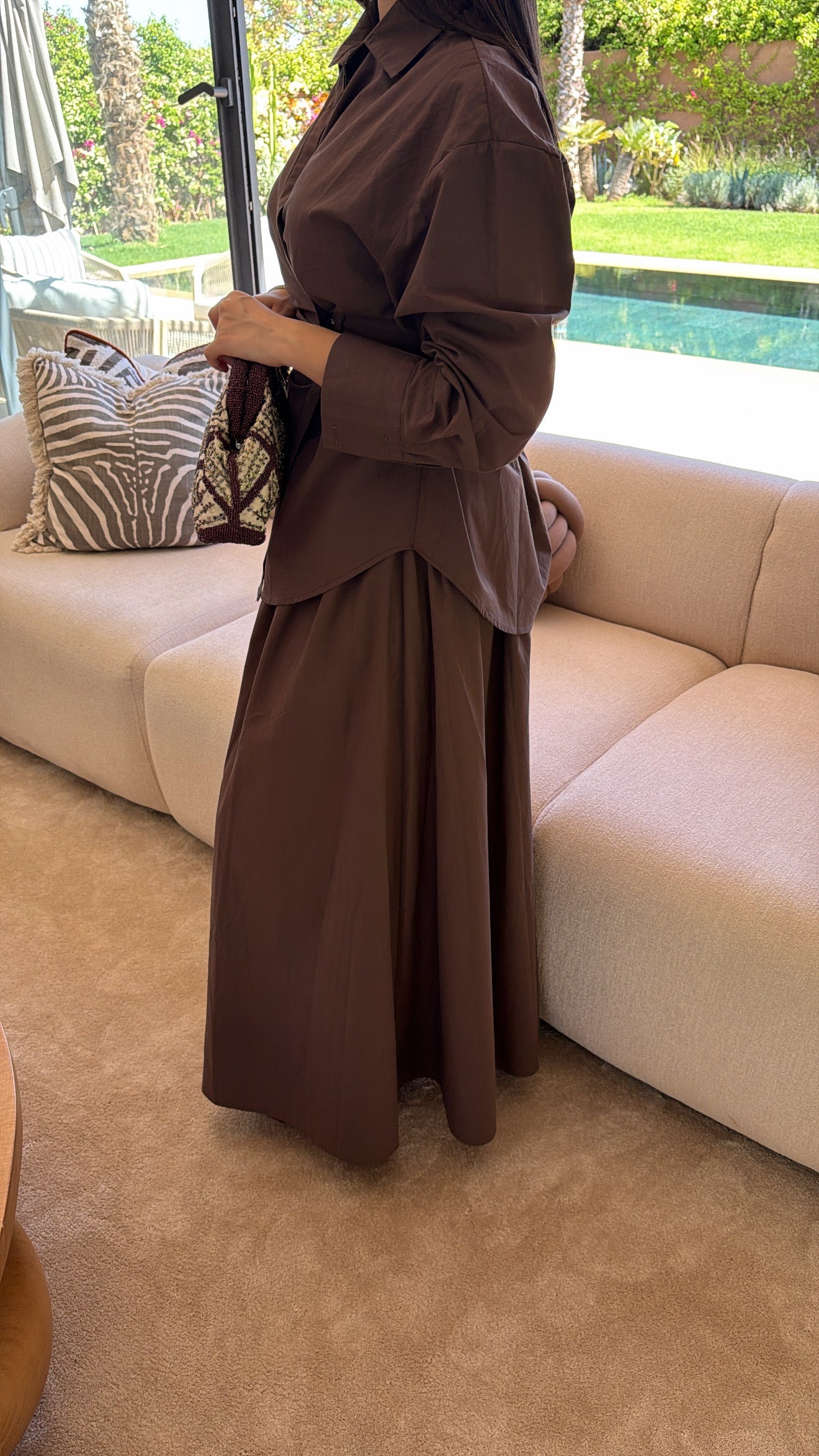 Skater skirt and cinched shirt set [brown]