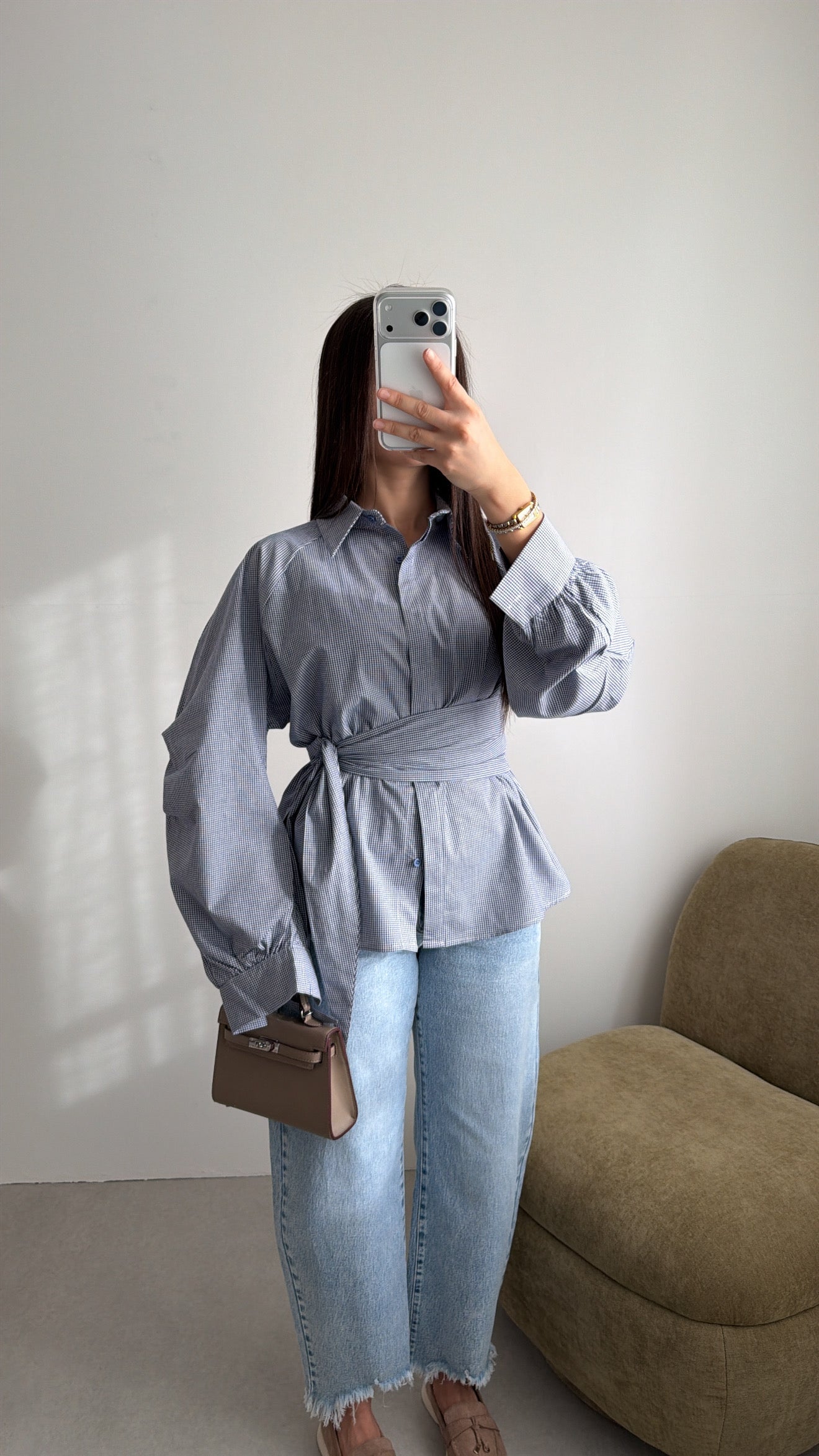 Chemise cache-cœur à manches ballon [vichy]