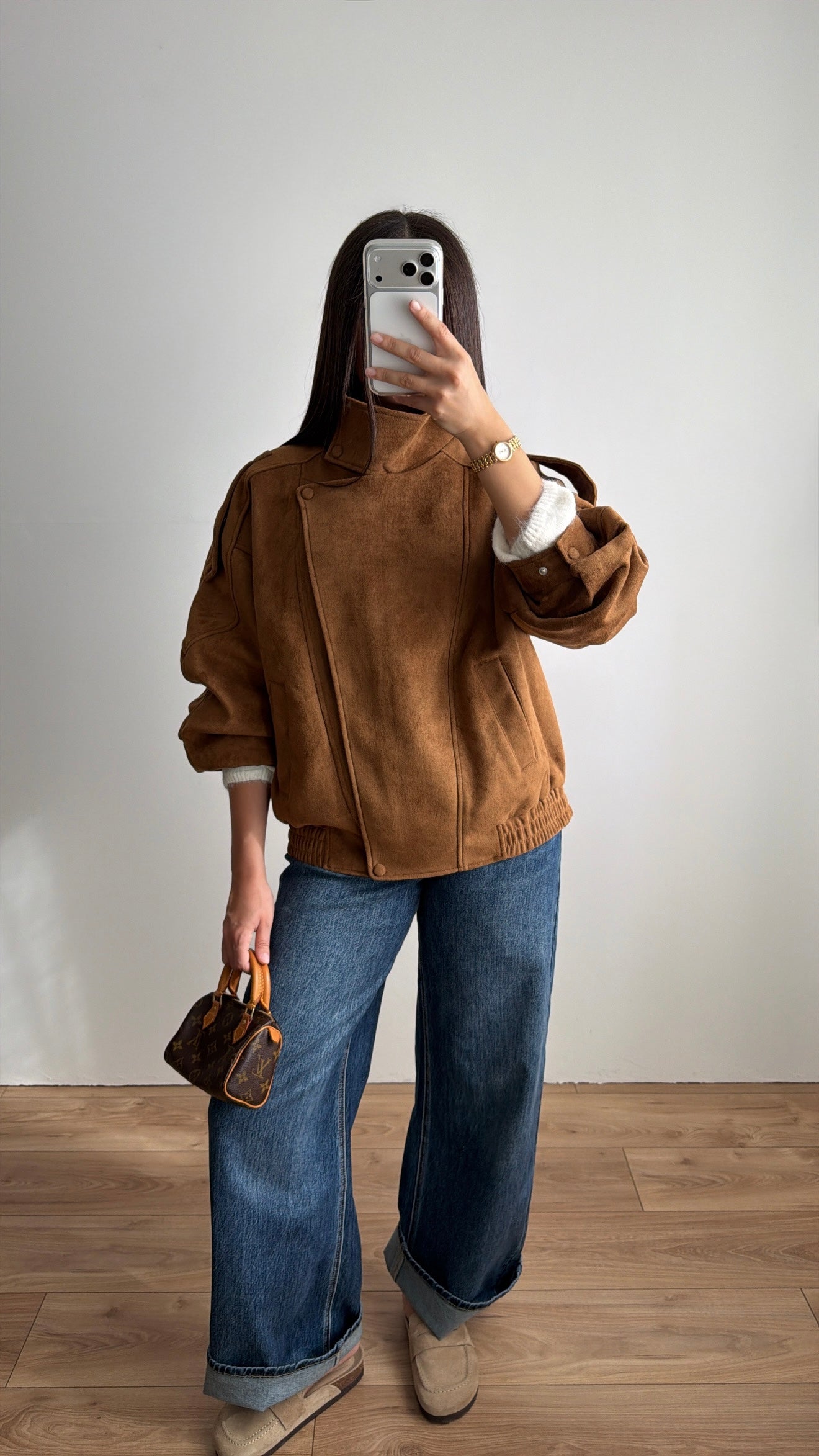 Veste loose à col montant [effet suédine camel]
