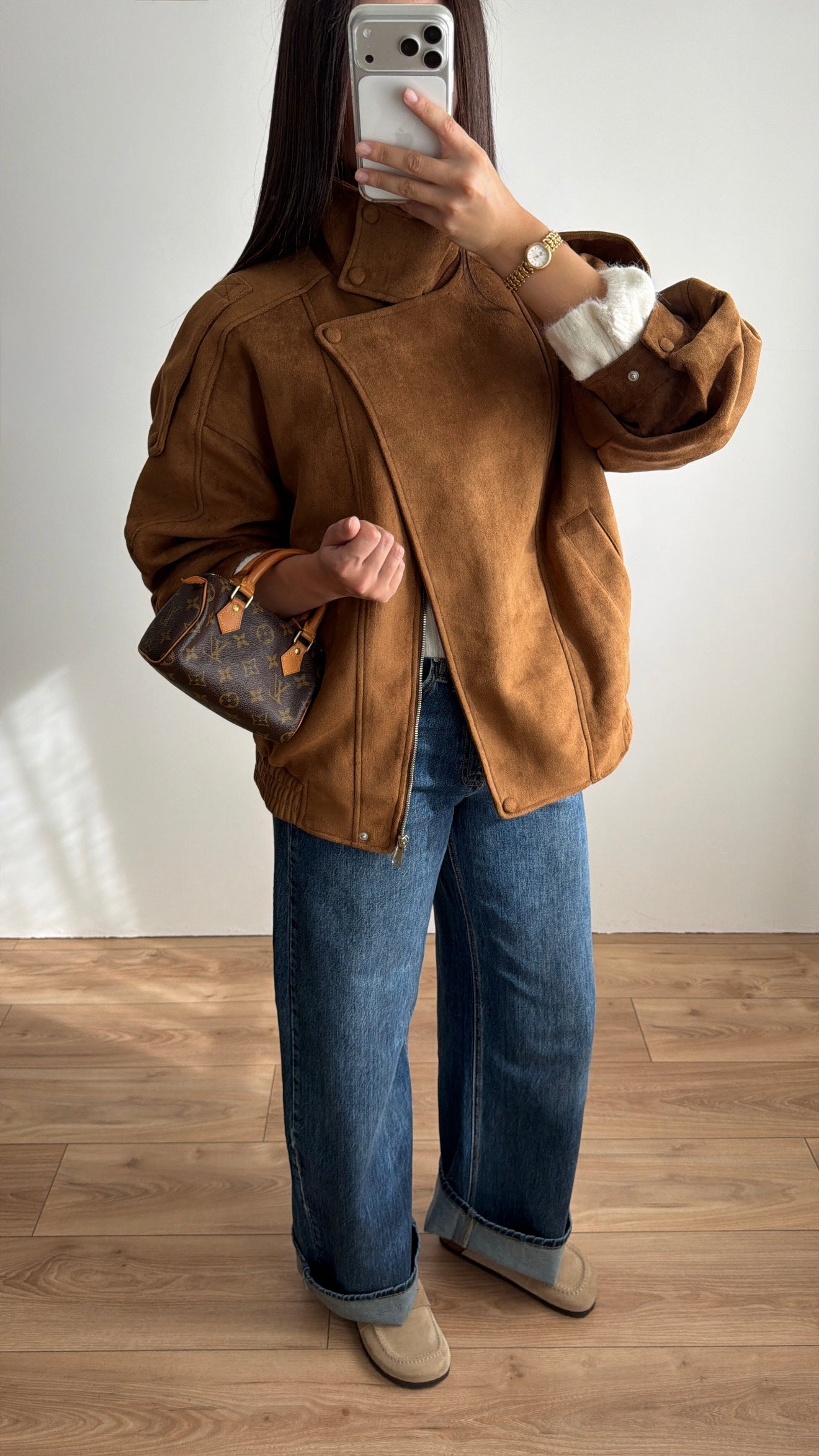 Veste loose à col montant [effet suédine camel]