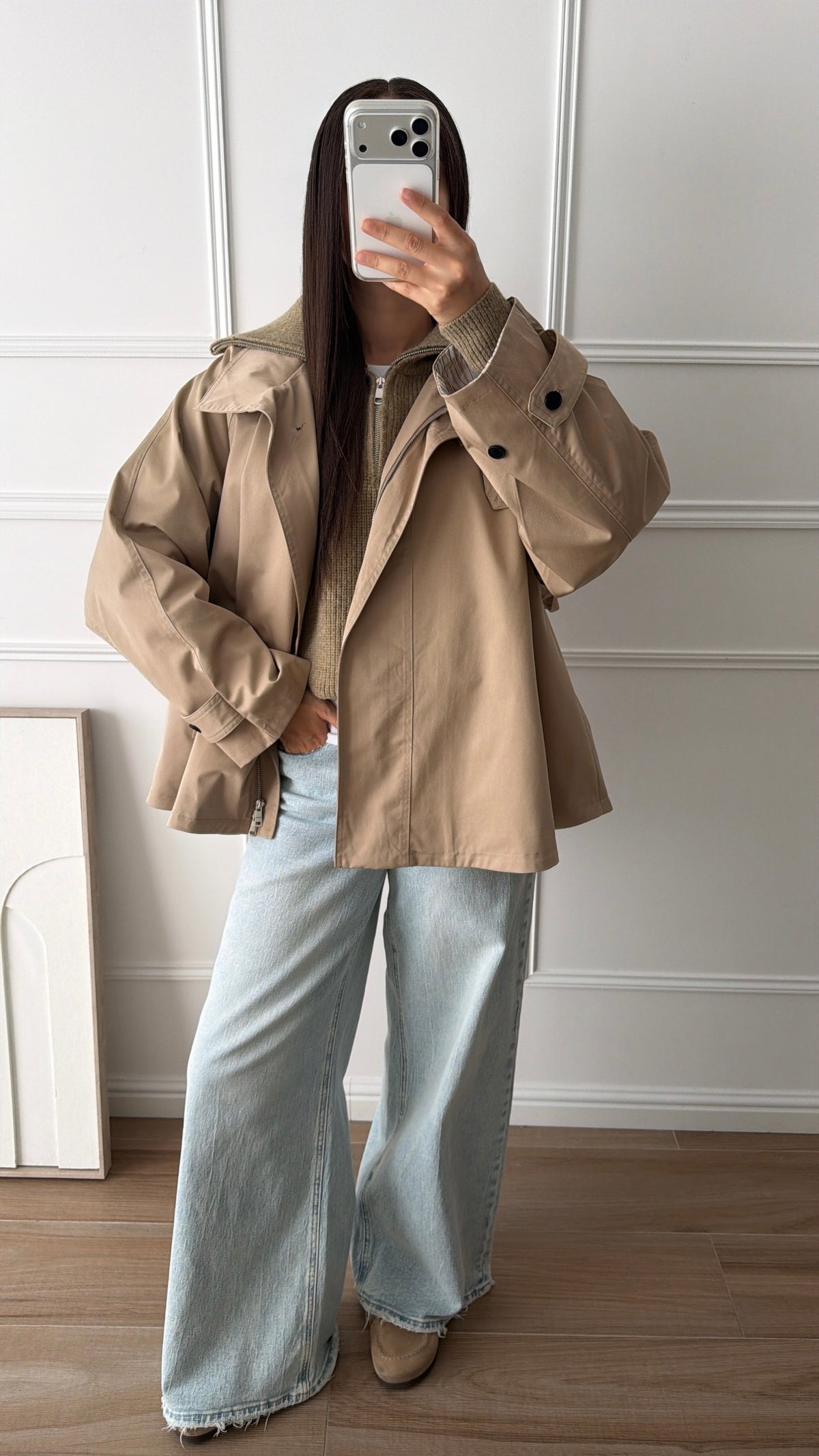 Trench-coat loose à intérieur rayé [beige]