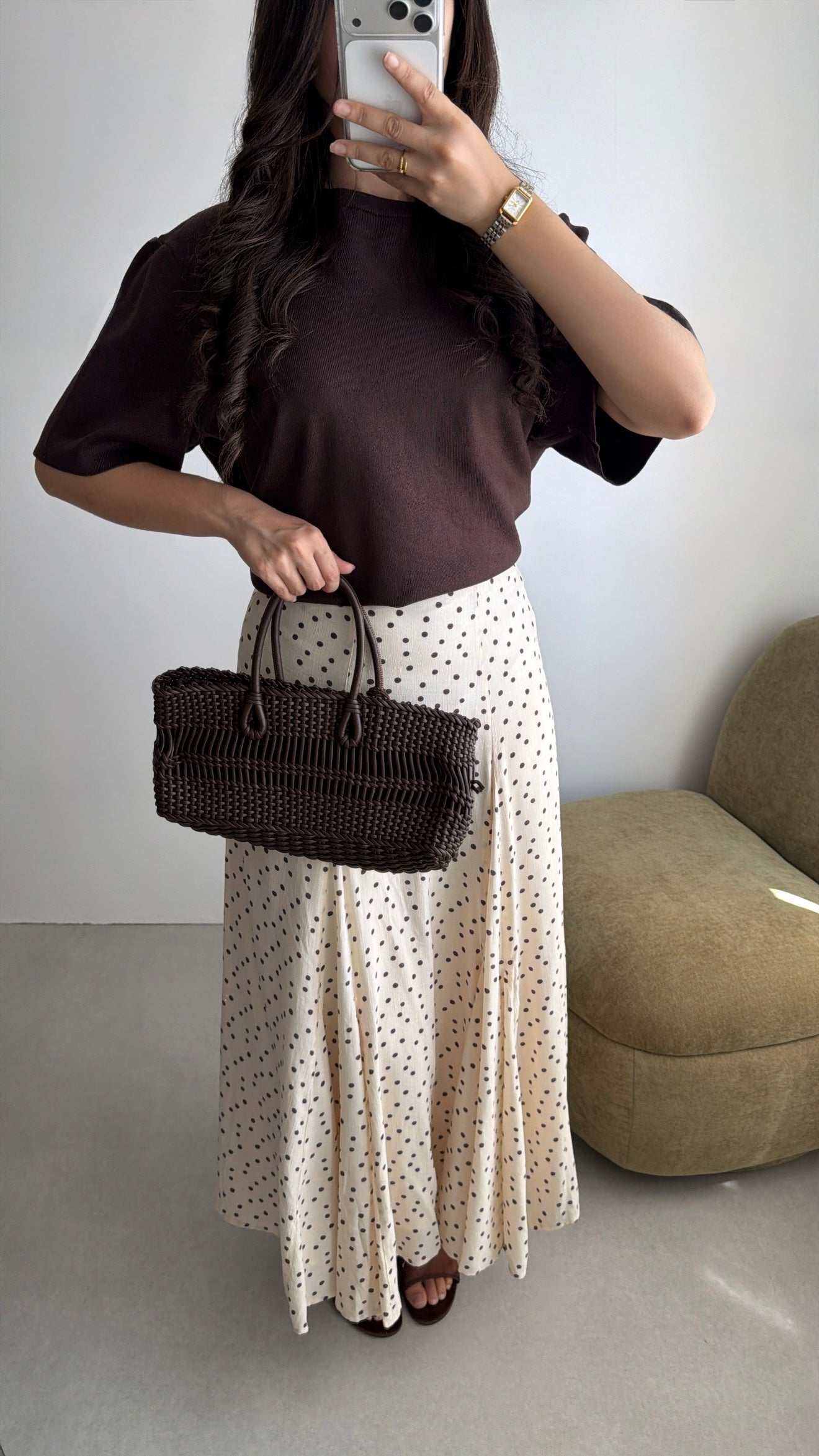 Long cotton skater skirt [beige]