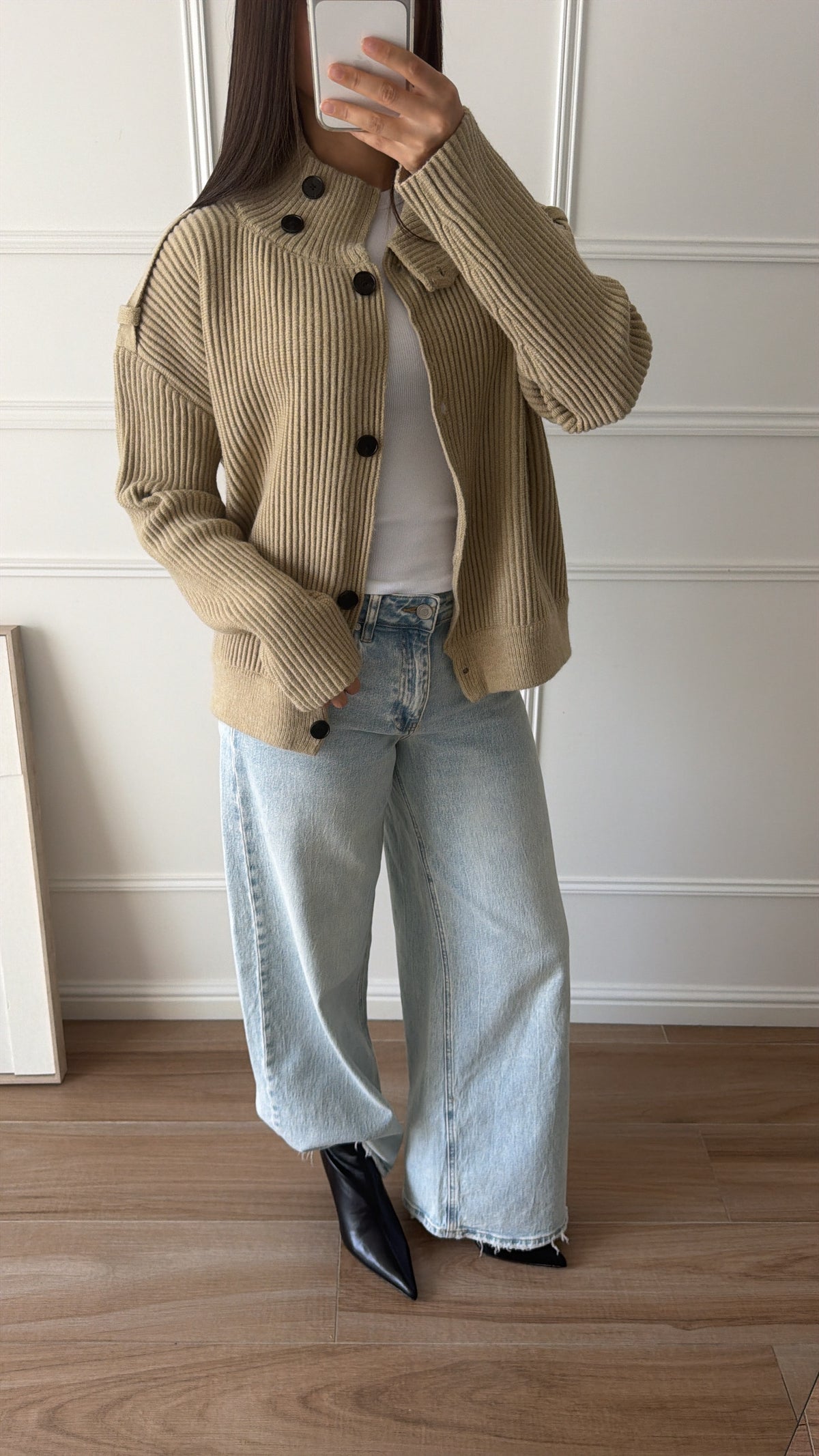 Cardigan en maille côtelée à col montant [kaki]