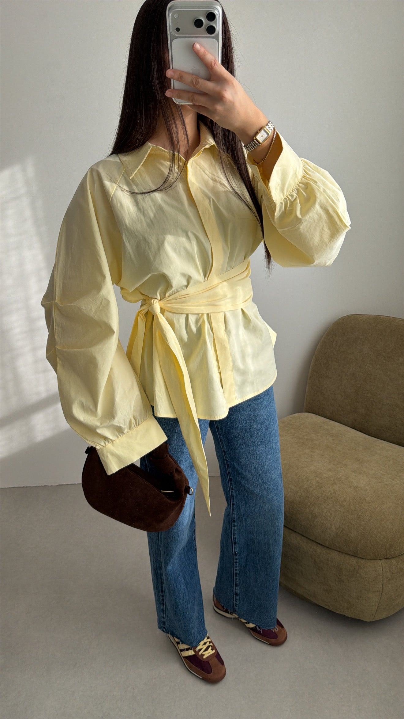 Chemise cache-cœur à manches ballon [jaune]