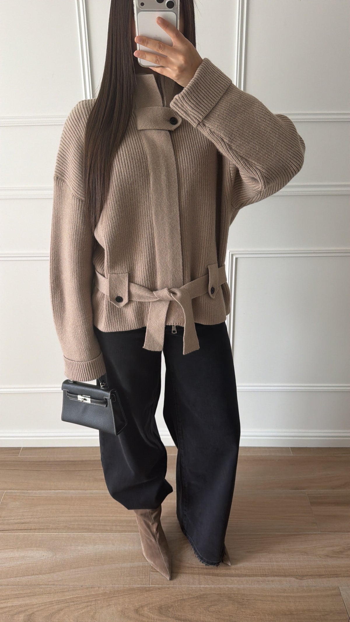 Gilet en maille avec ceinture [Taupe]