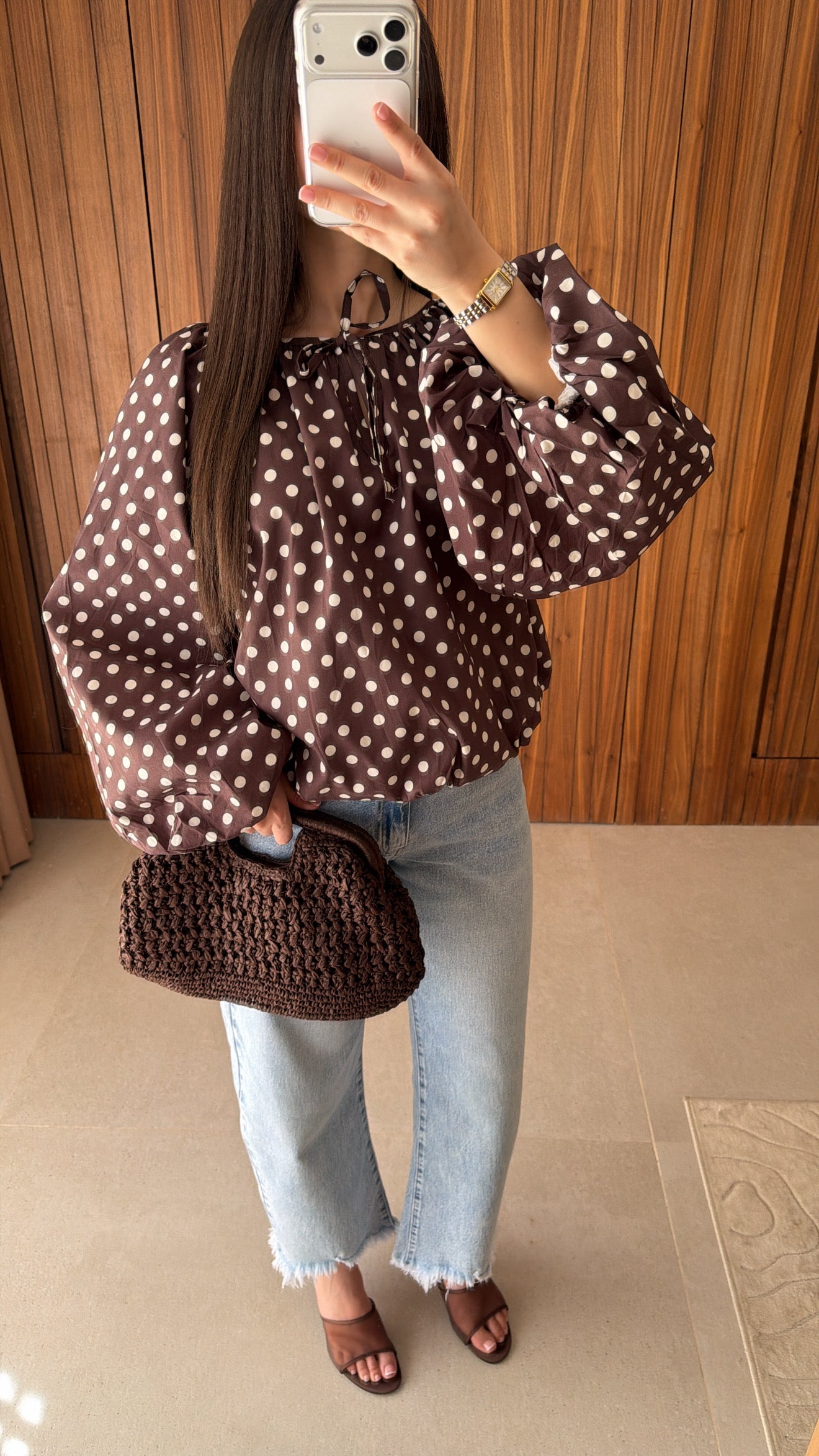 Blouse bouffante à motifs pois [maron]