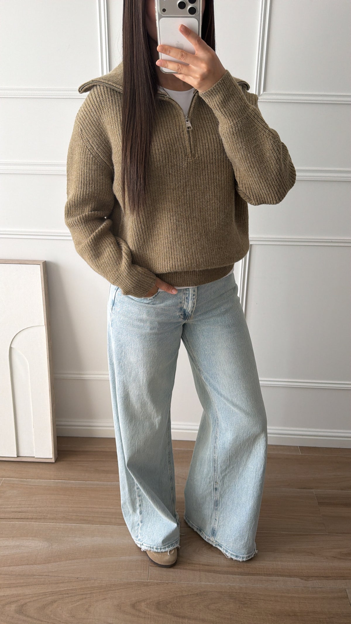 Pull zippé col revers [KAKI]