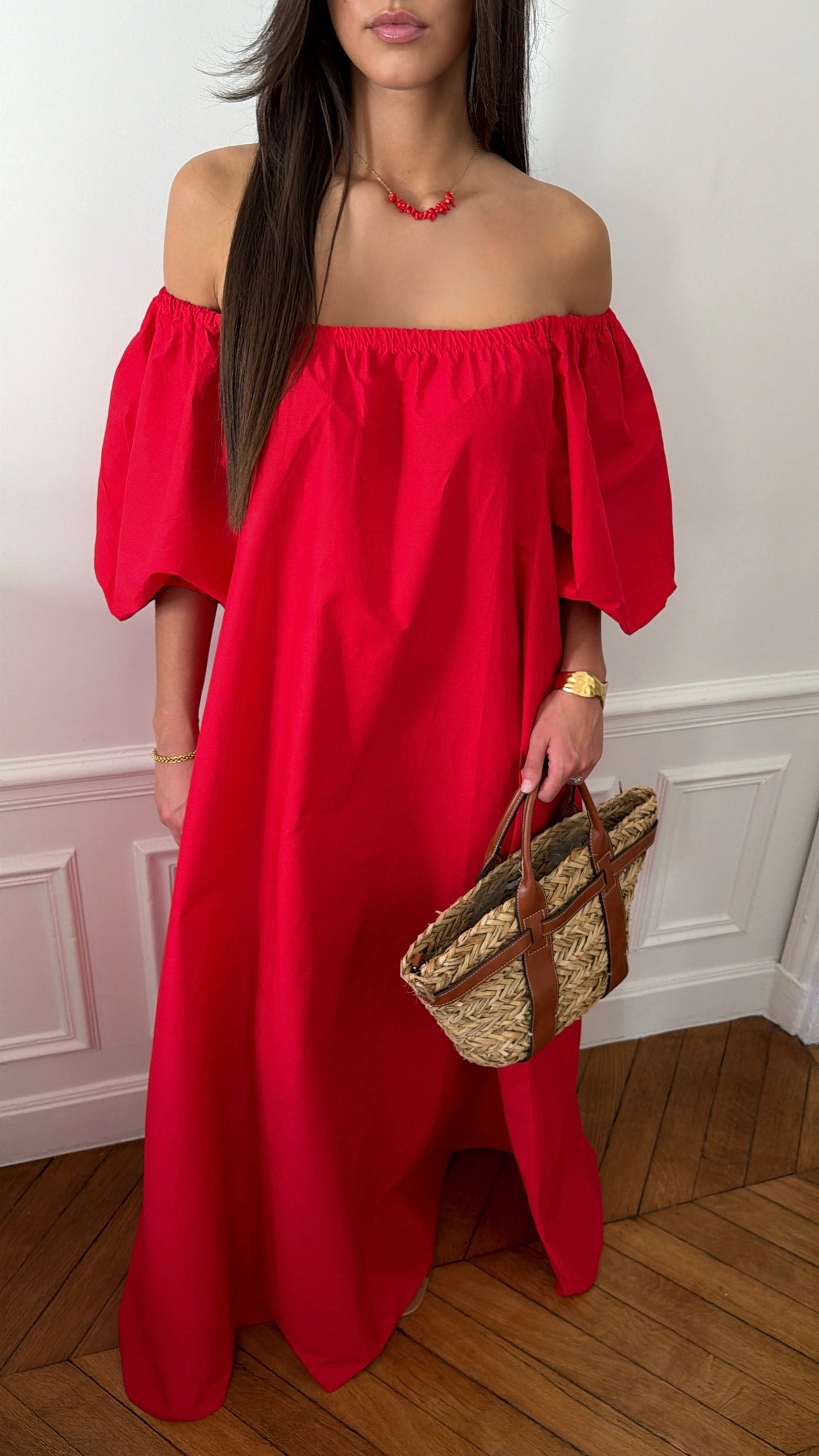 Robe longue à épaules dénudées [rouge vif]