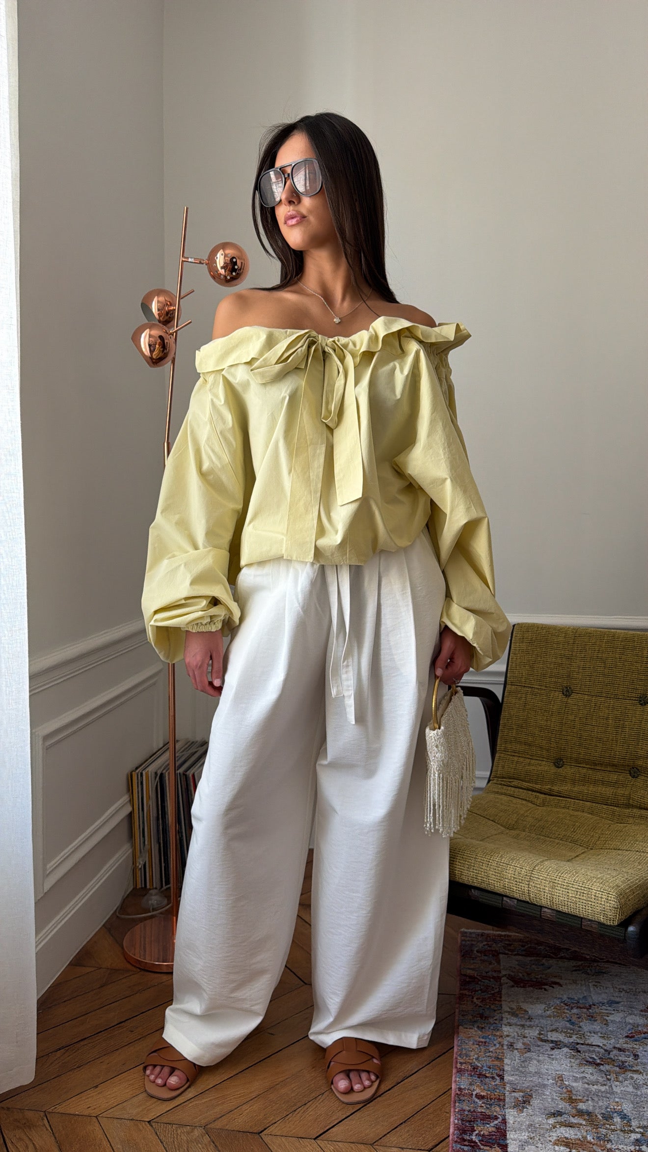 Puff-sleeve off-the-shoulder blouse [Yellow]