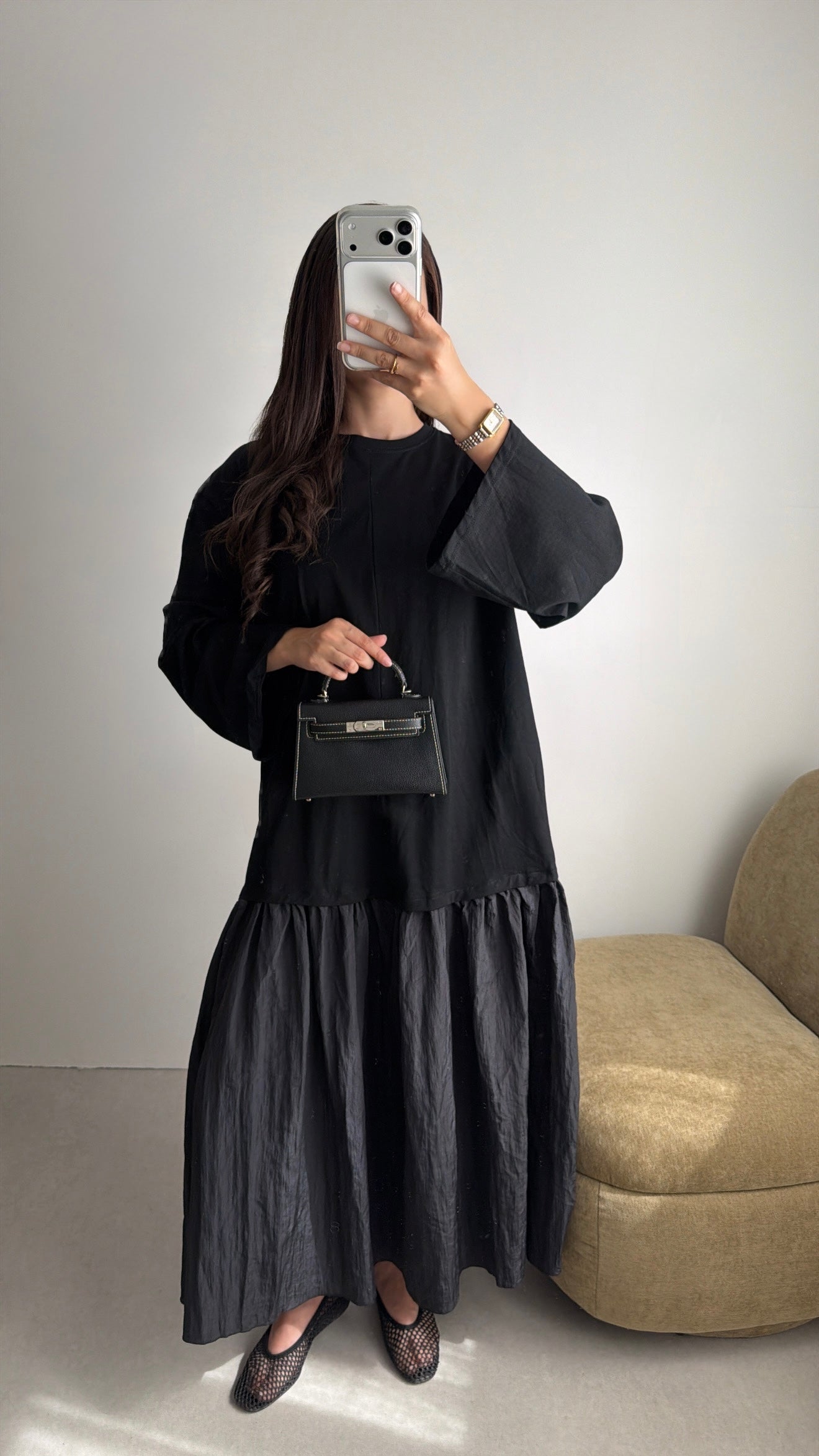 Robe longue bi-matière à manches longues [noir]