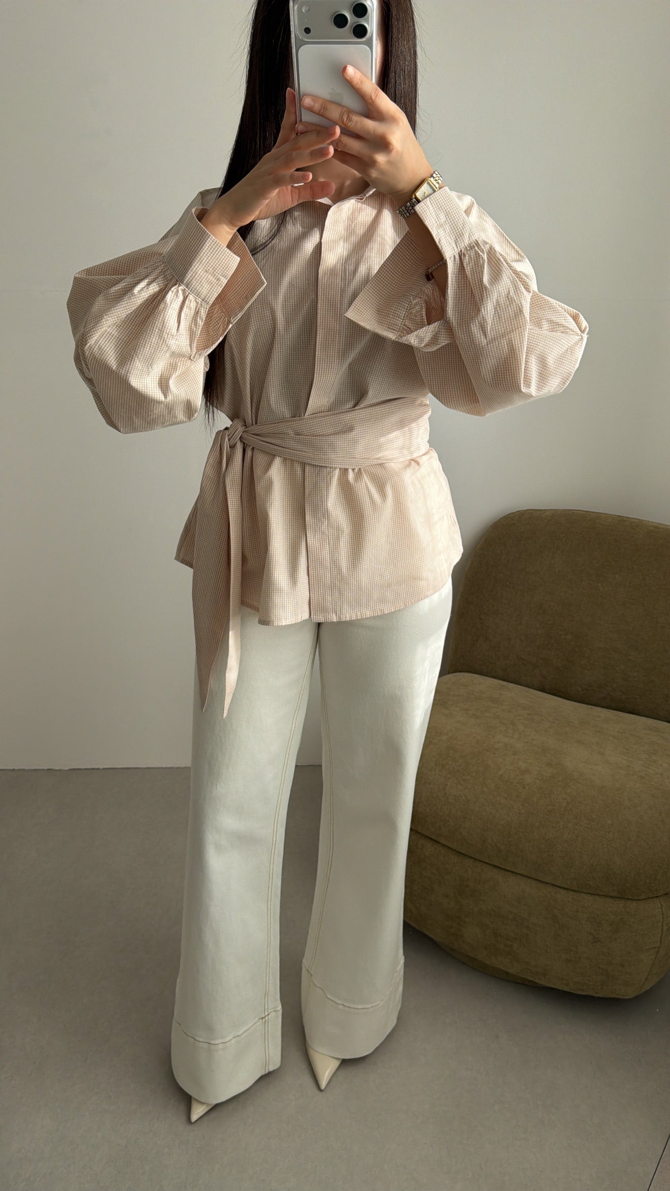 Chemise cache-cœur à manches ballon [vichy beige]