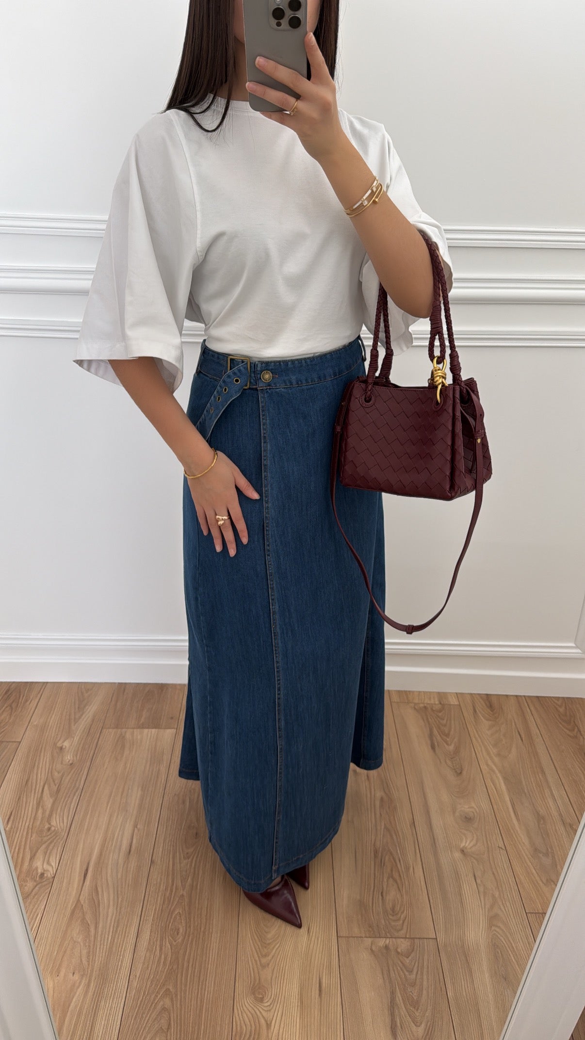 Long denim skirt [dark blue]