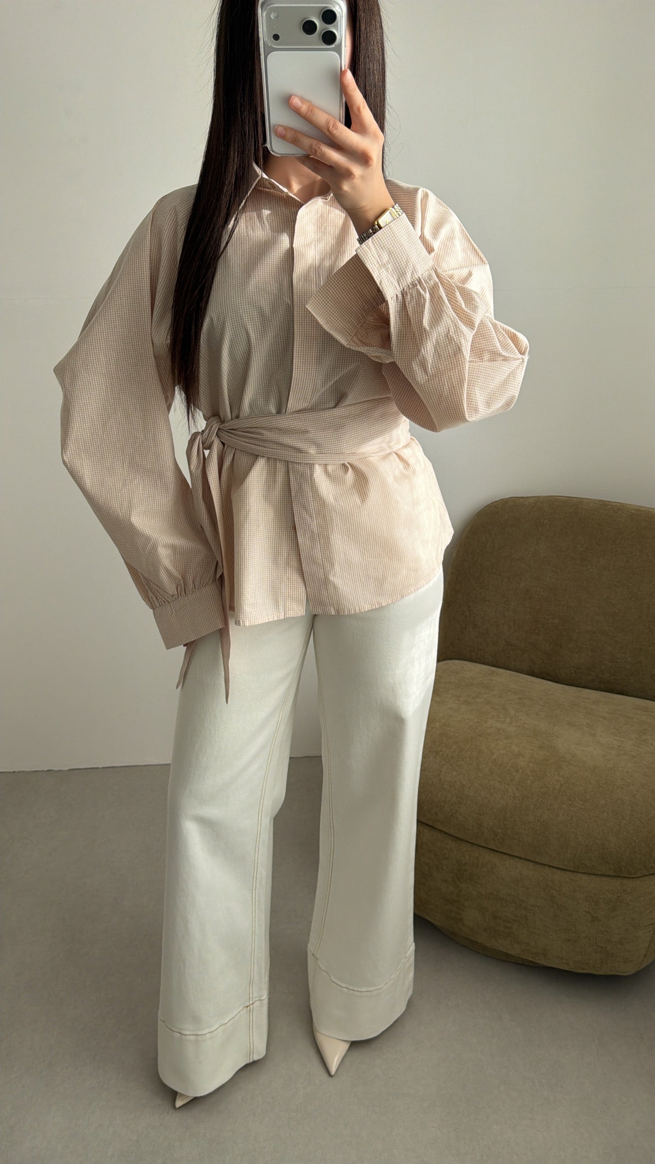 Chemise cache-cœur à manches ballon [vichy beige]