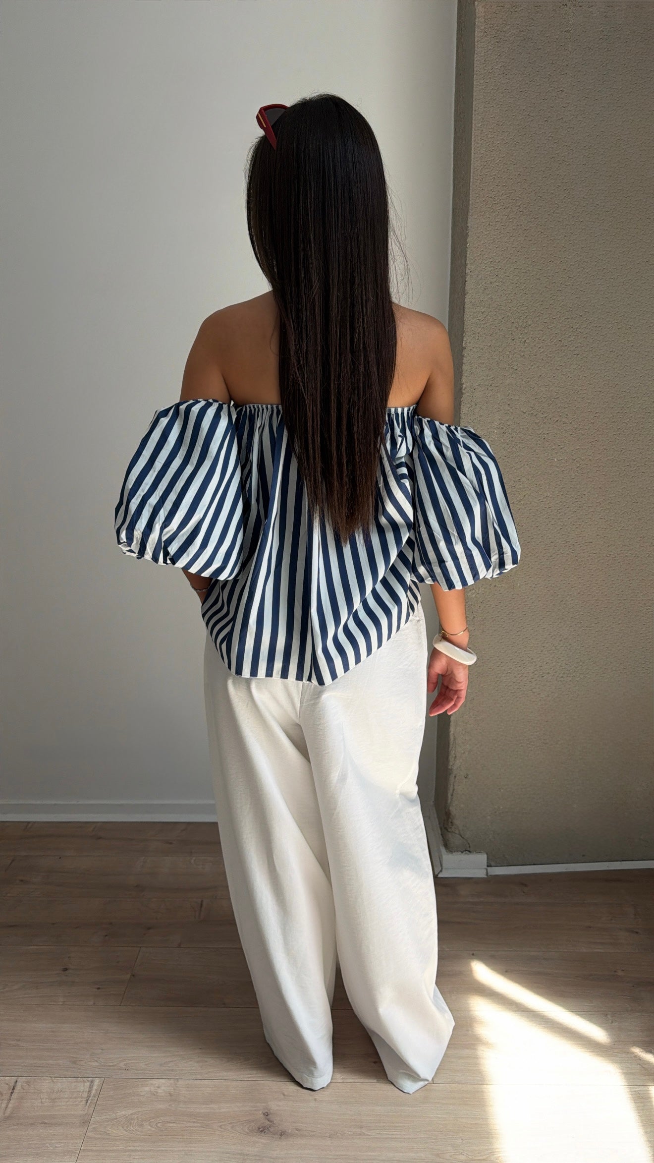 Blouse rayée à col bateau [Marine / Blanc]