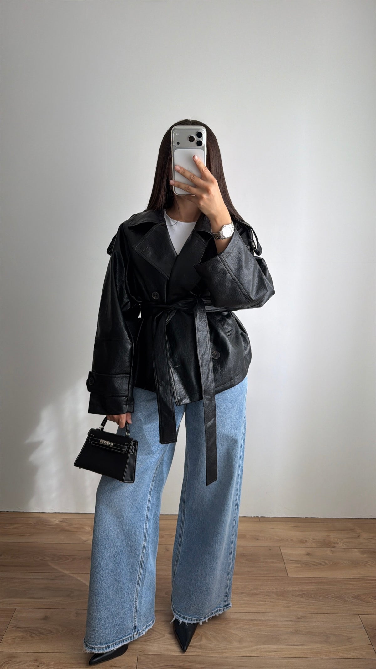 Trench loose en simili cuir [noir]