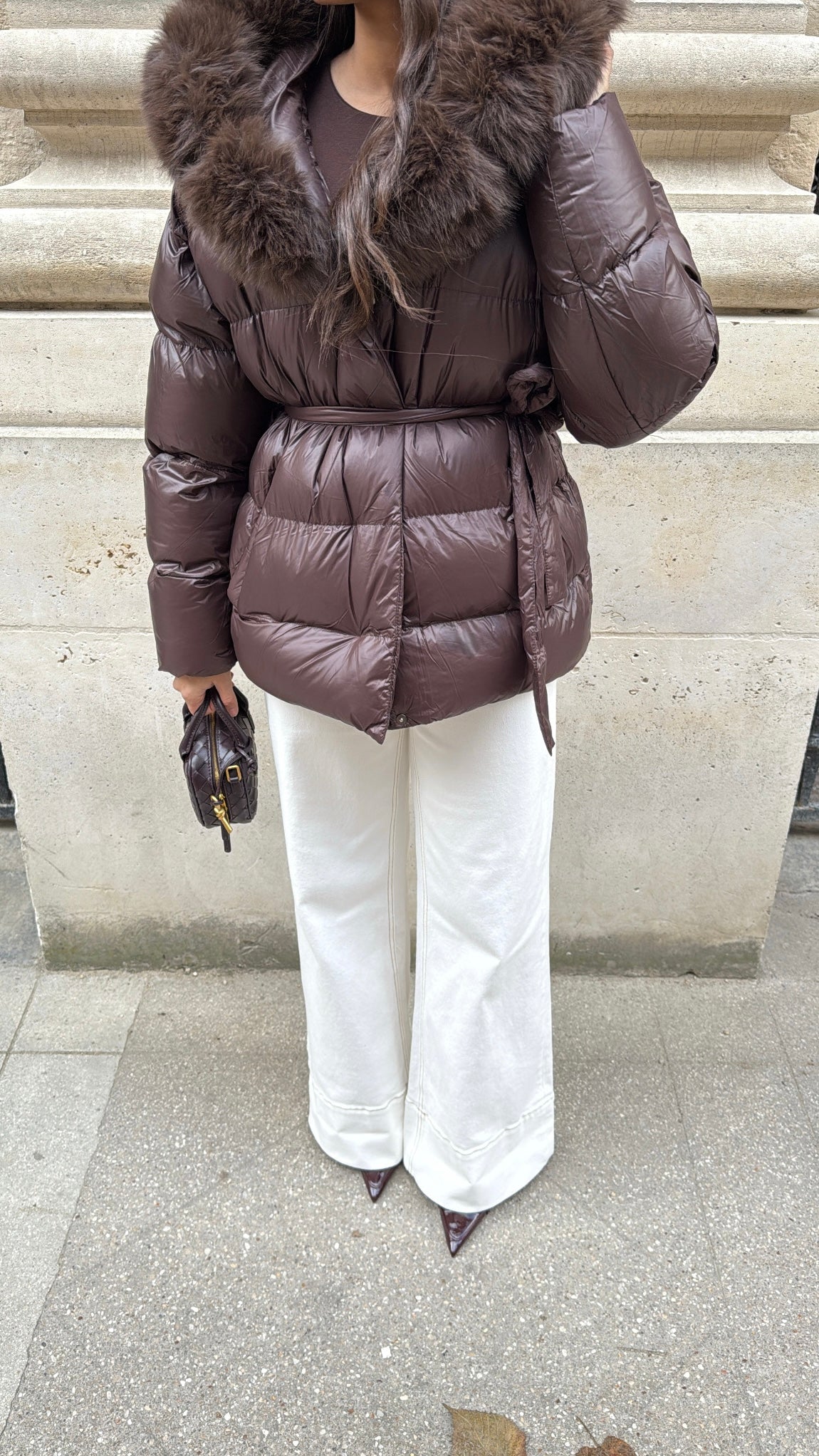 Doudoune avec ceinture et fausse fourrure [ marron ]