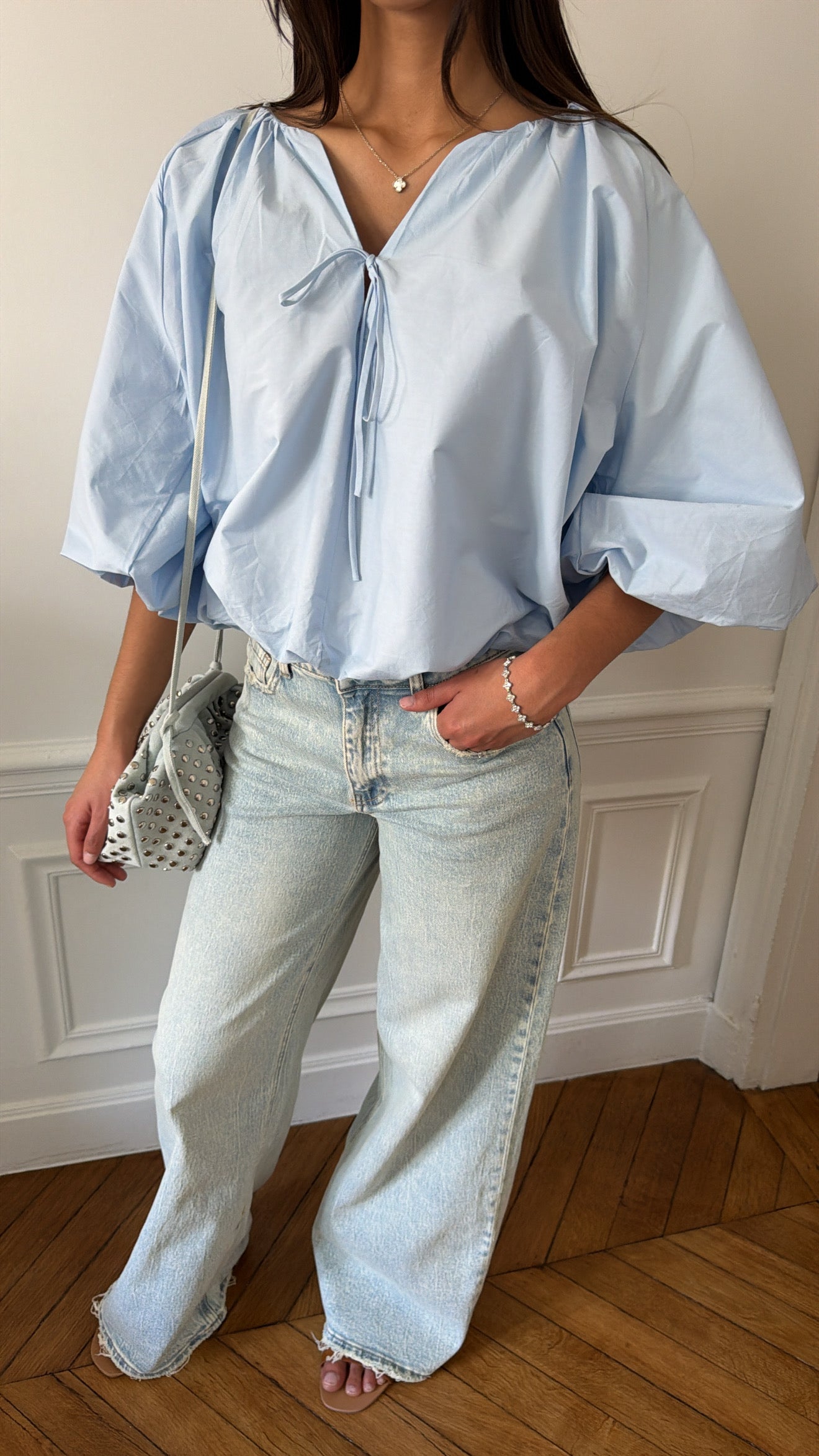 Blouse bouffante à manches 3/4 [bleu]
