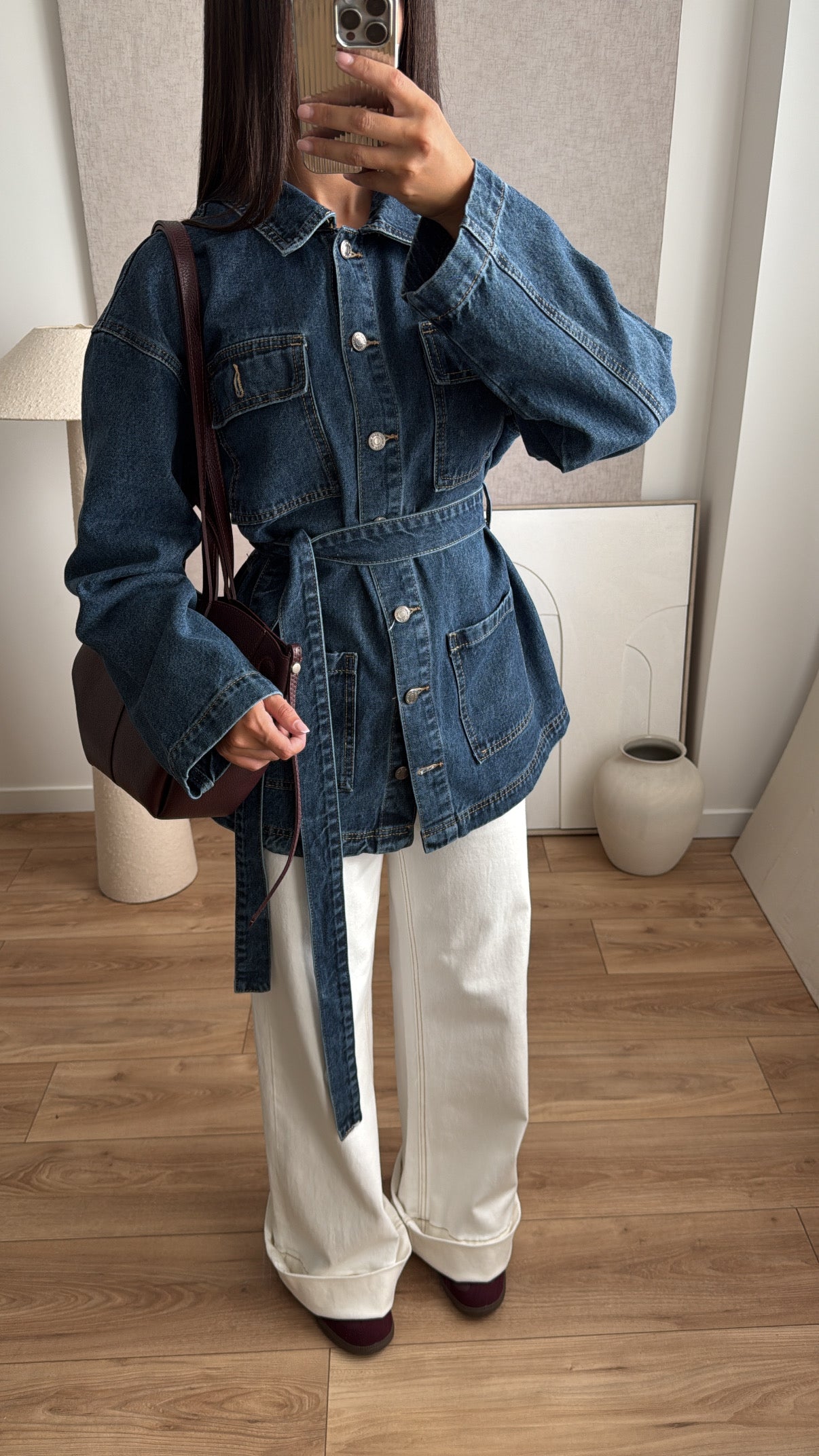 Loose denim jacket with belt [denim blue]