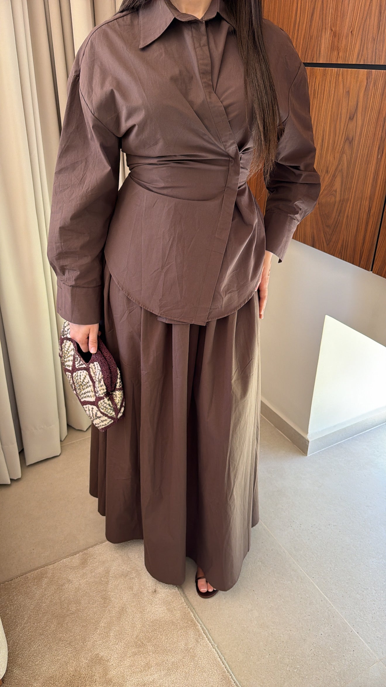 Skater skirt and cinched shirt set [brown]