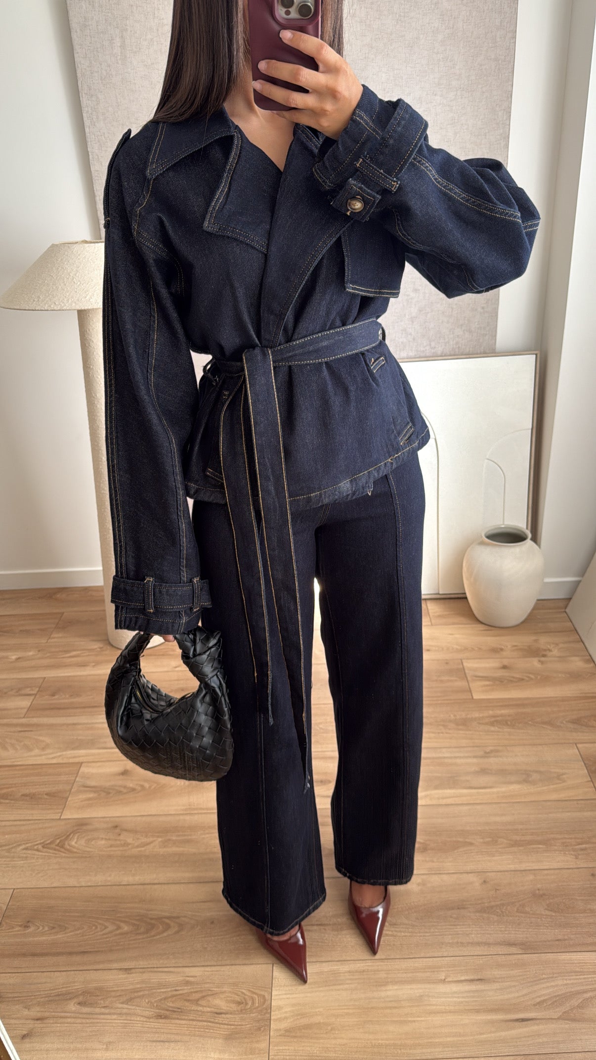 Short denim trench coat [dark blue]