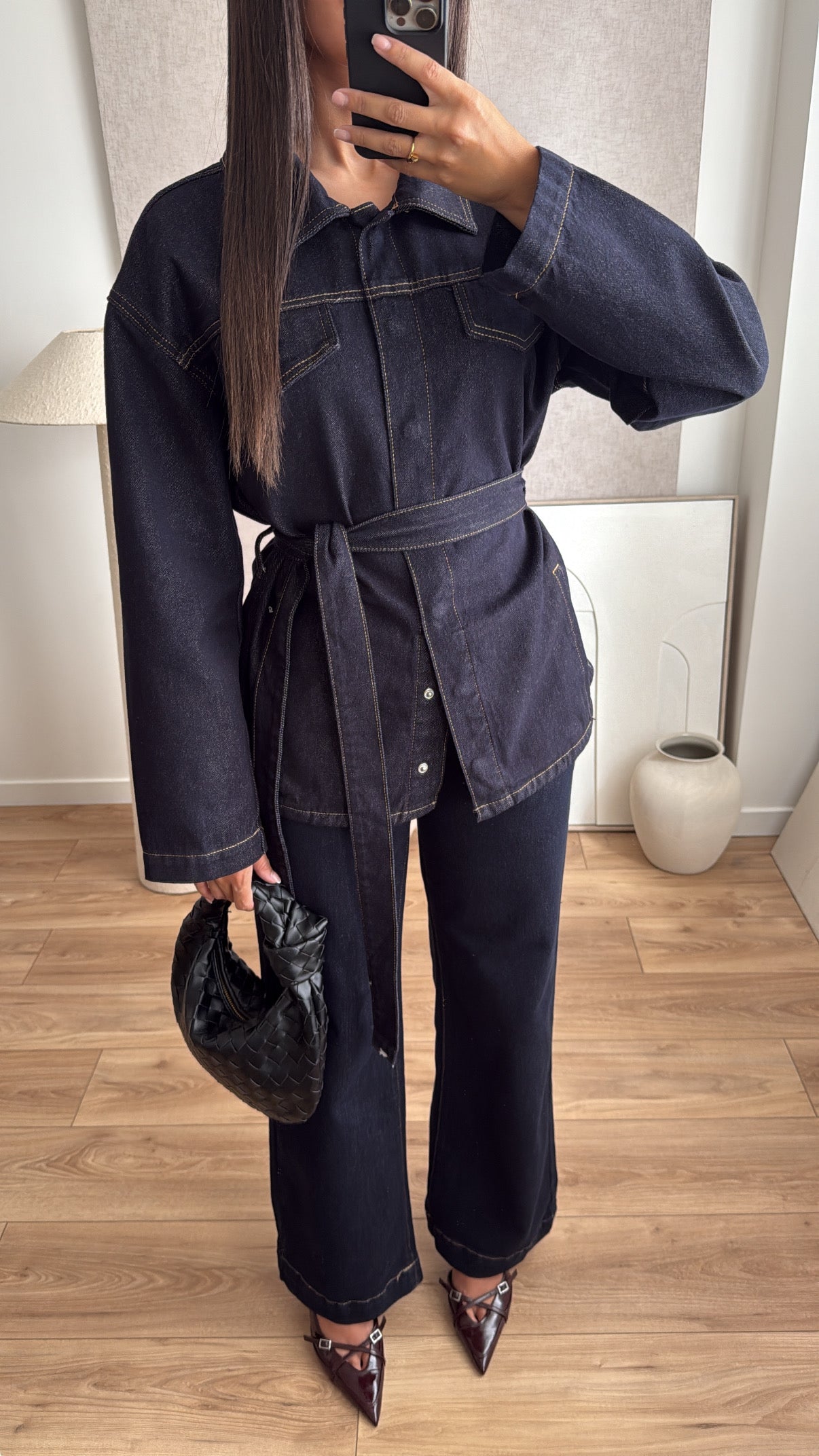 dark blue wide-leg jeans