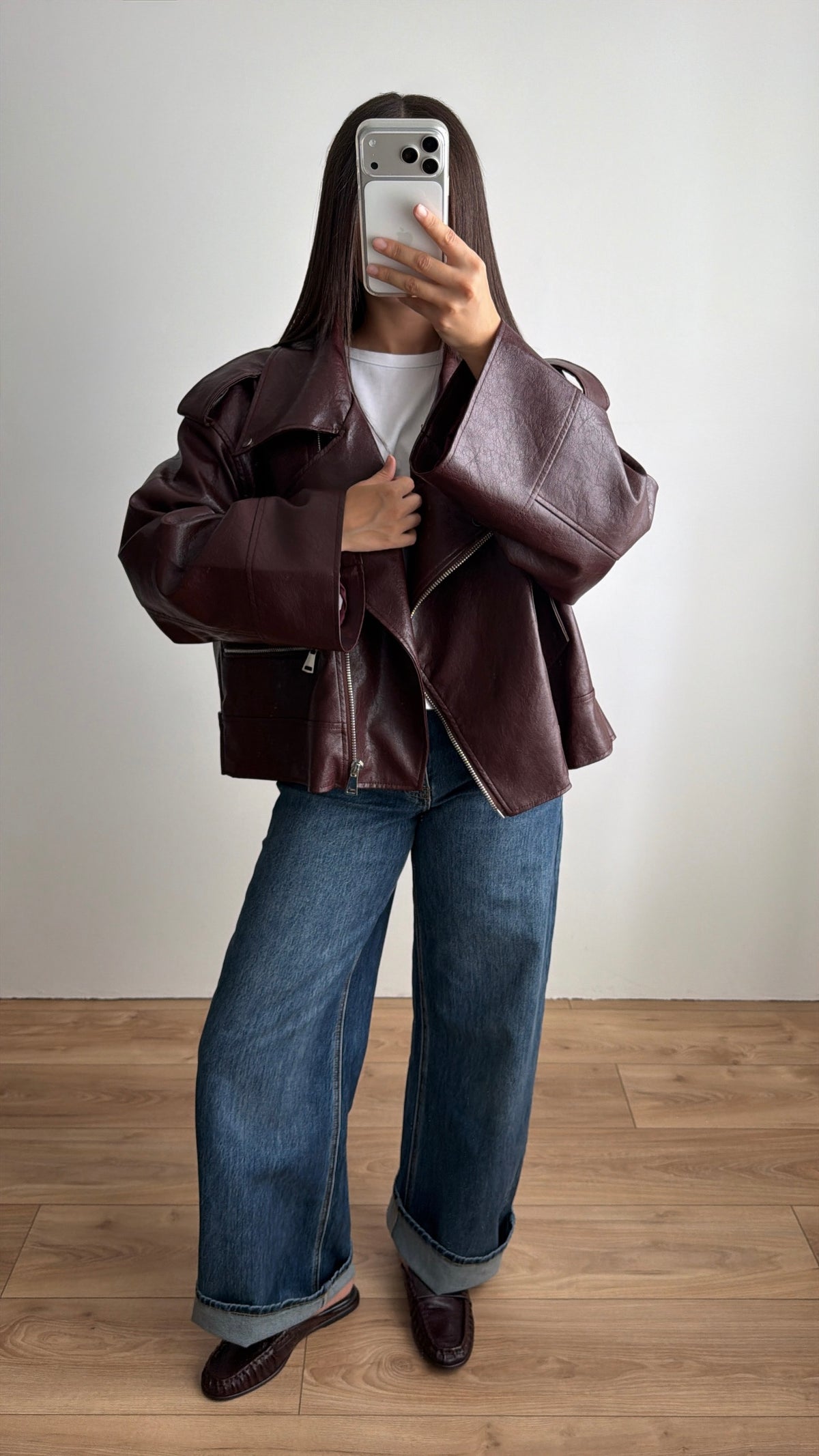 Veste en simili cuir oversize [BURGUNDY]