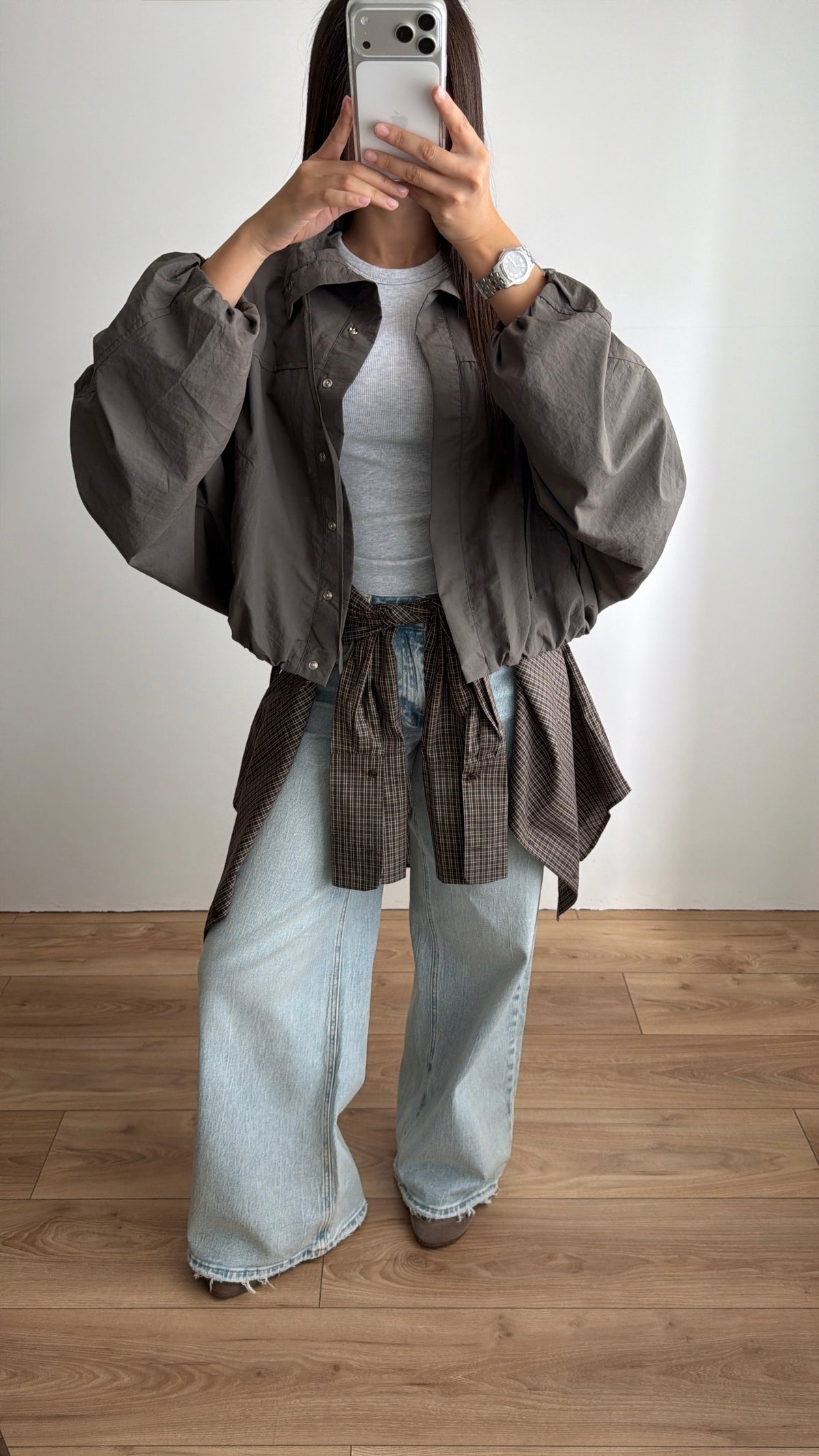 Flowy jacket with puff sleeves [light khaki]