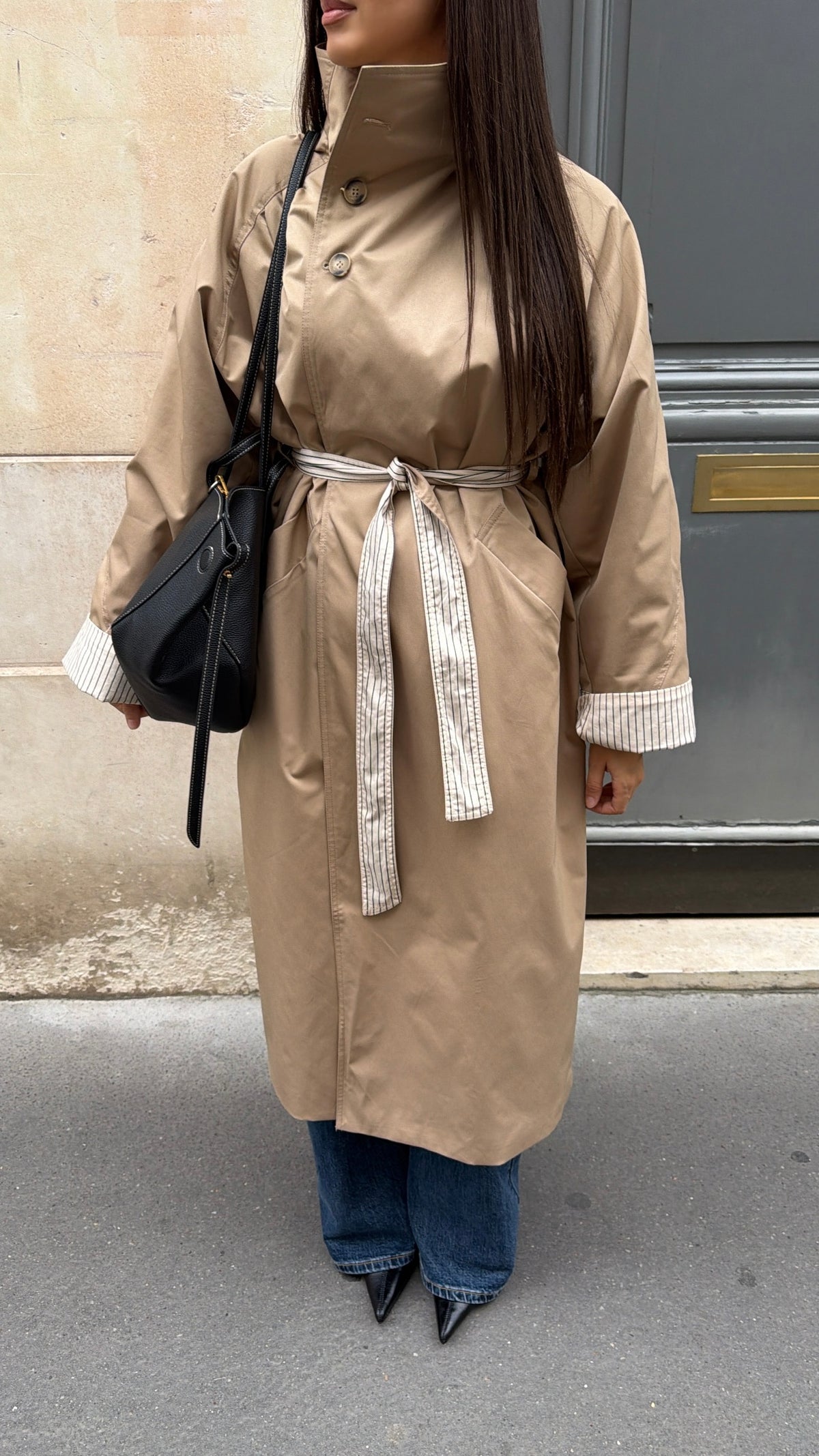 Long trench col montant EVIN [beige/rayé]