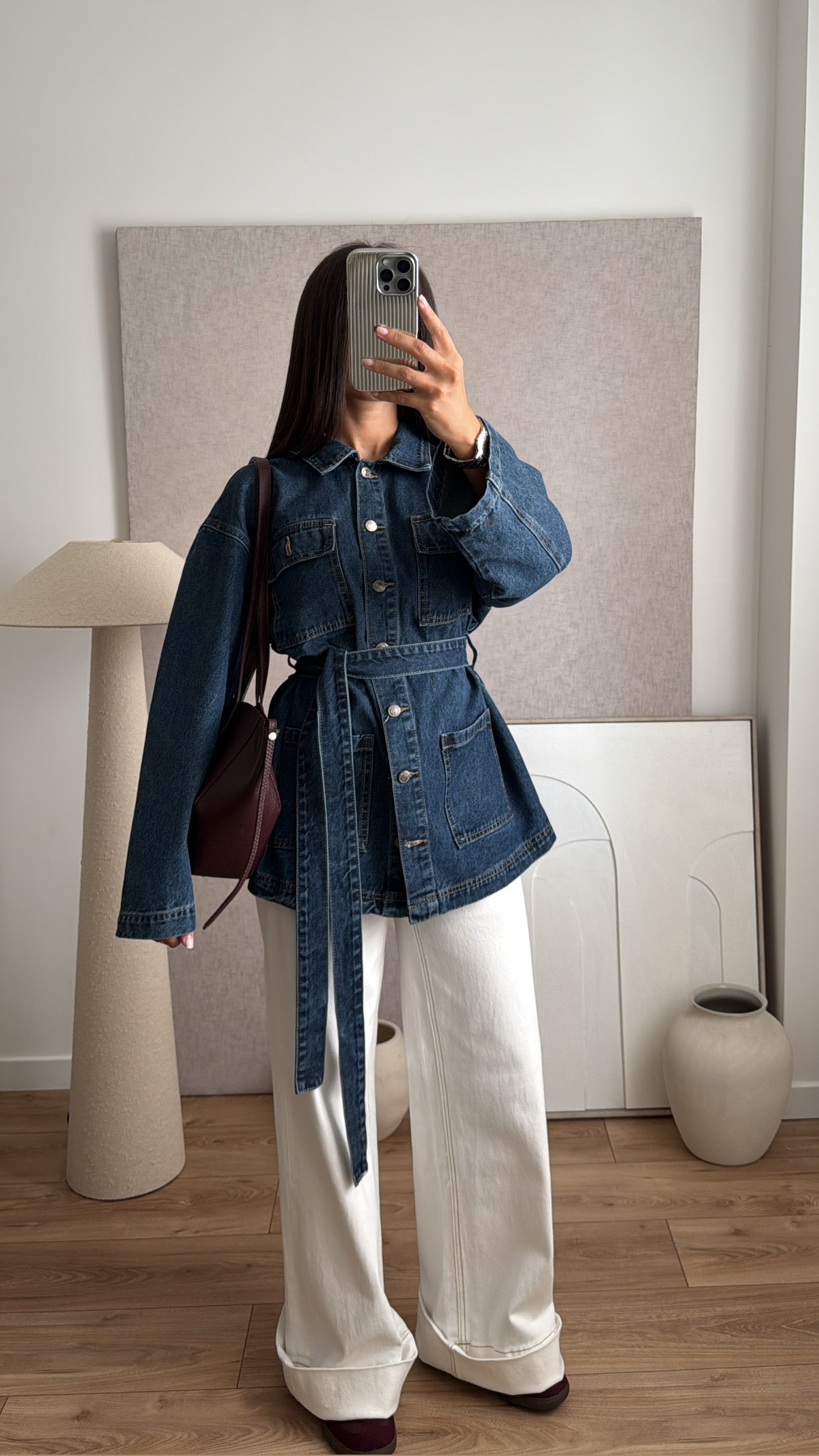 Loose denim jacket with belt [denim blue]
