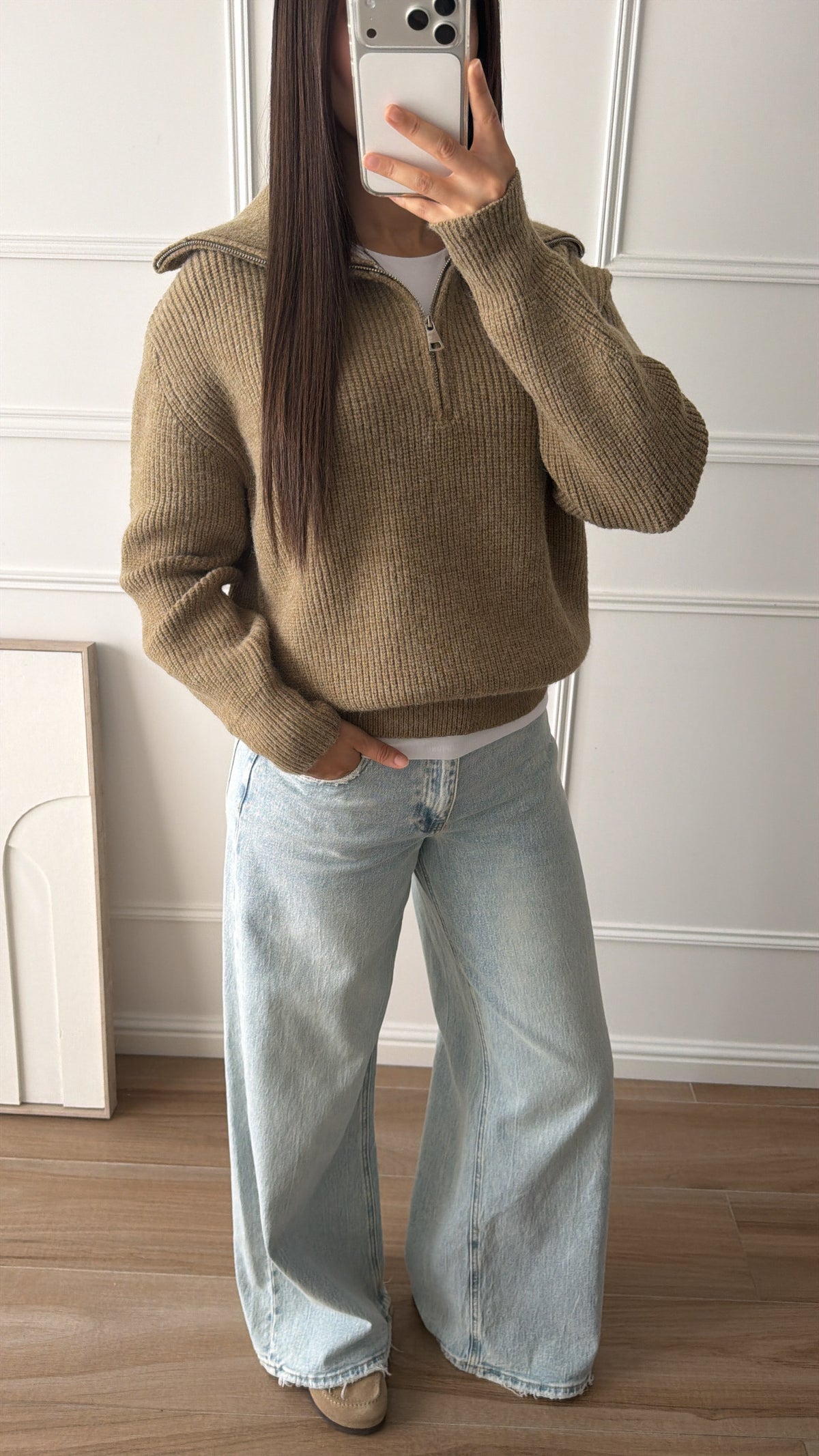Pull zippé col revers [KAKI]