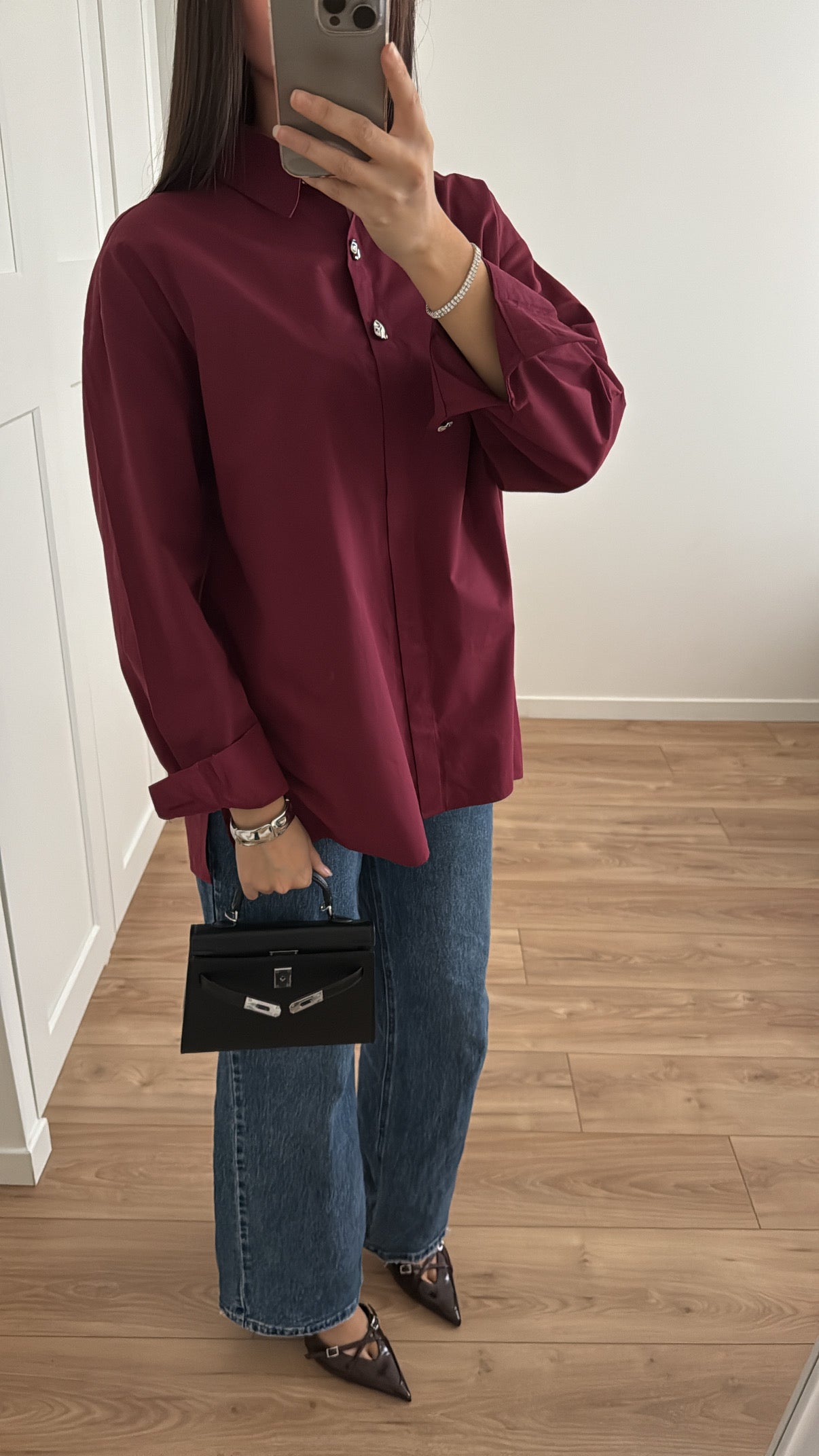 Silver button shirt [burgundy]