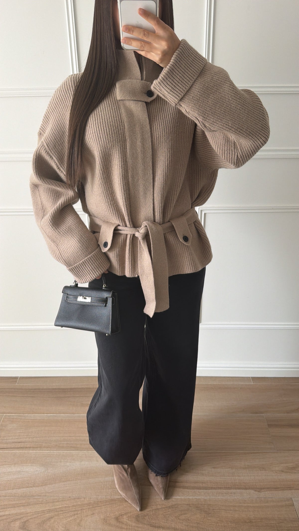 Gilet en maille avec ceinture [Taupe]