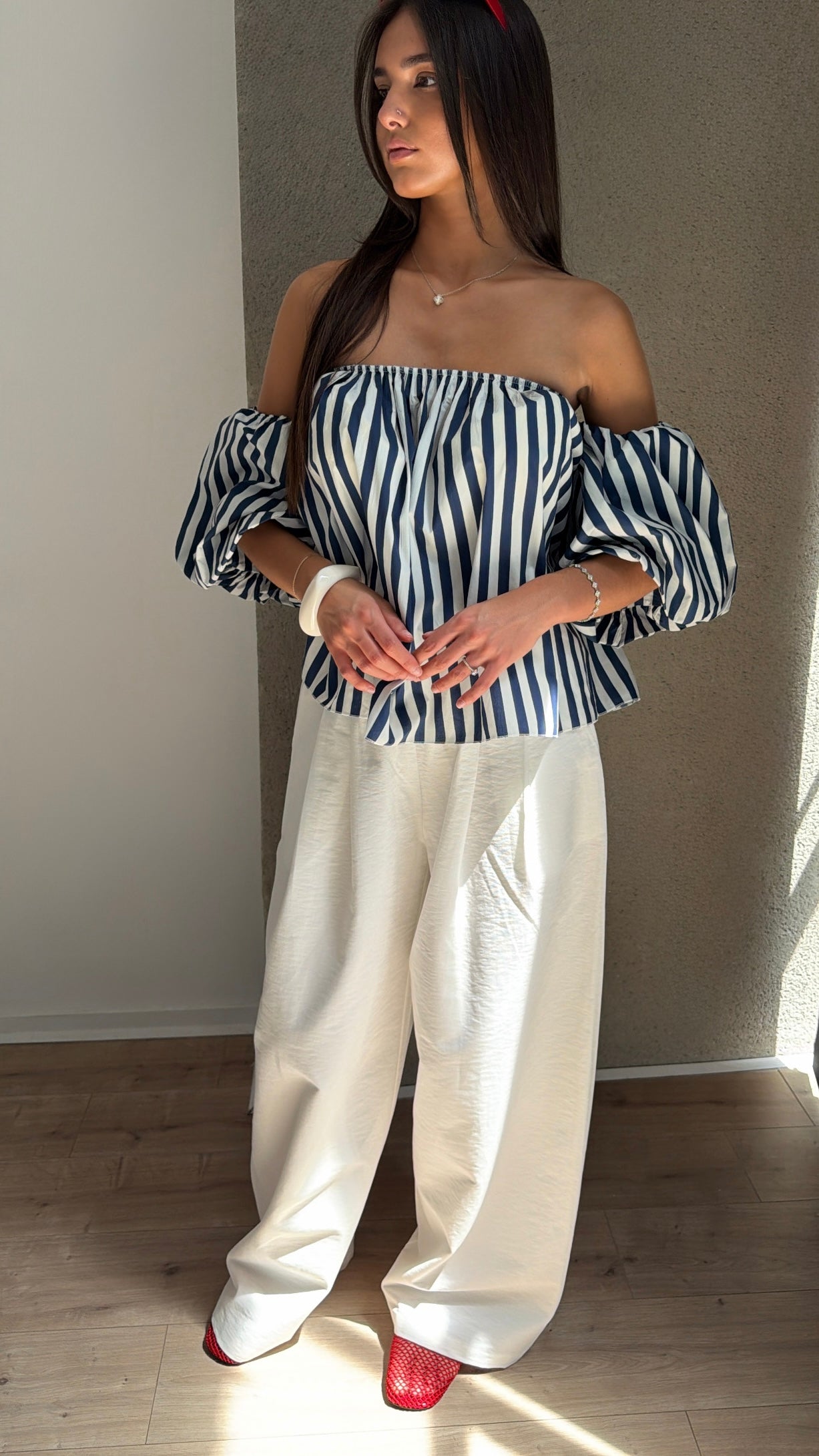 Blouse rayée à col bateau [Marine / Blanc]