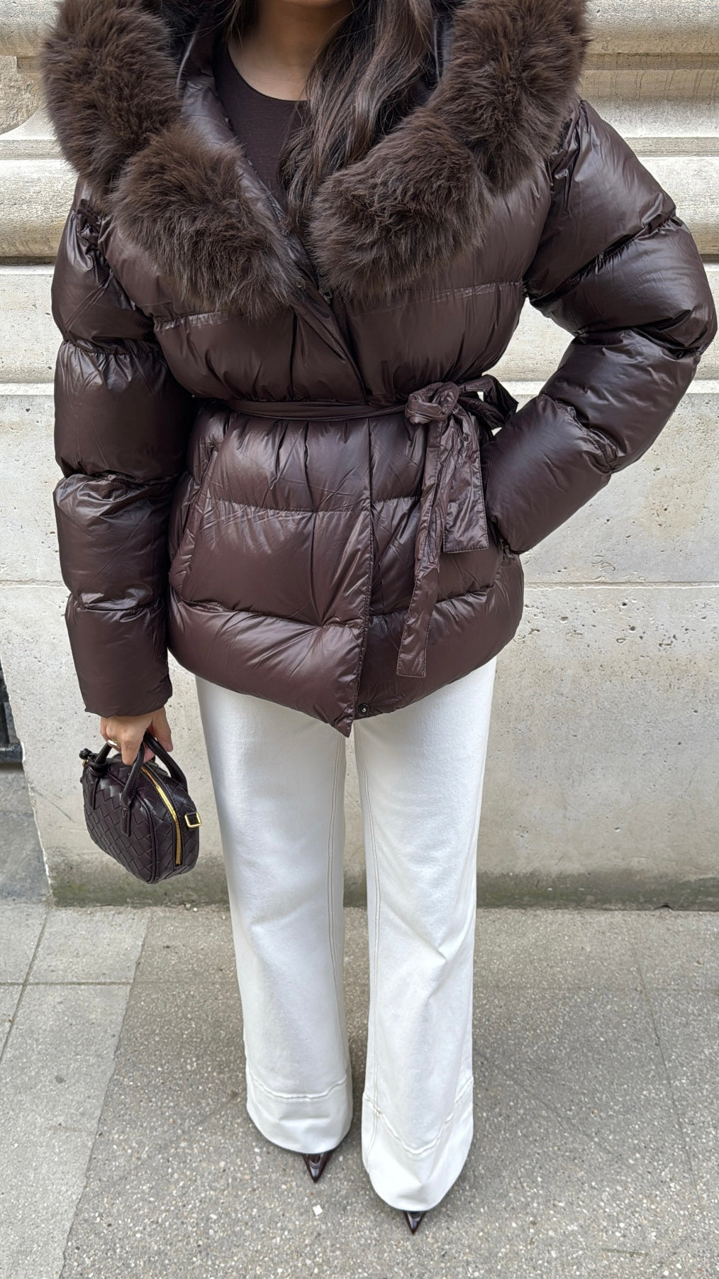 Doudoune avec ceinture et fausse fourrure [ marron ]