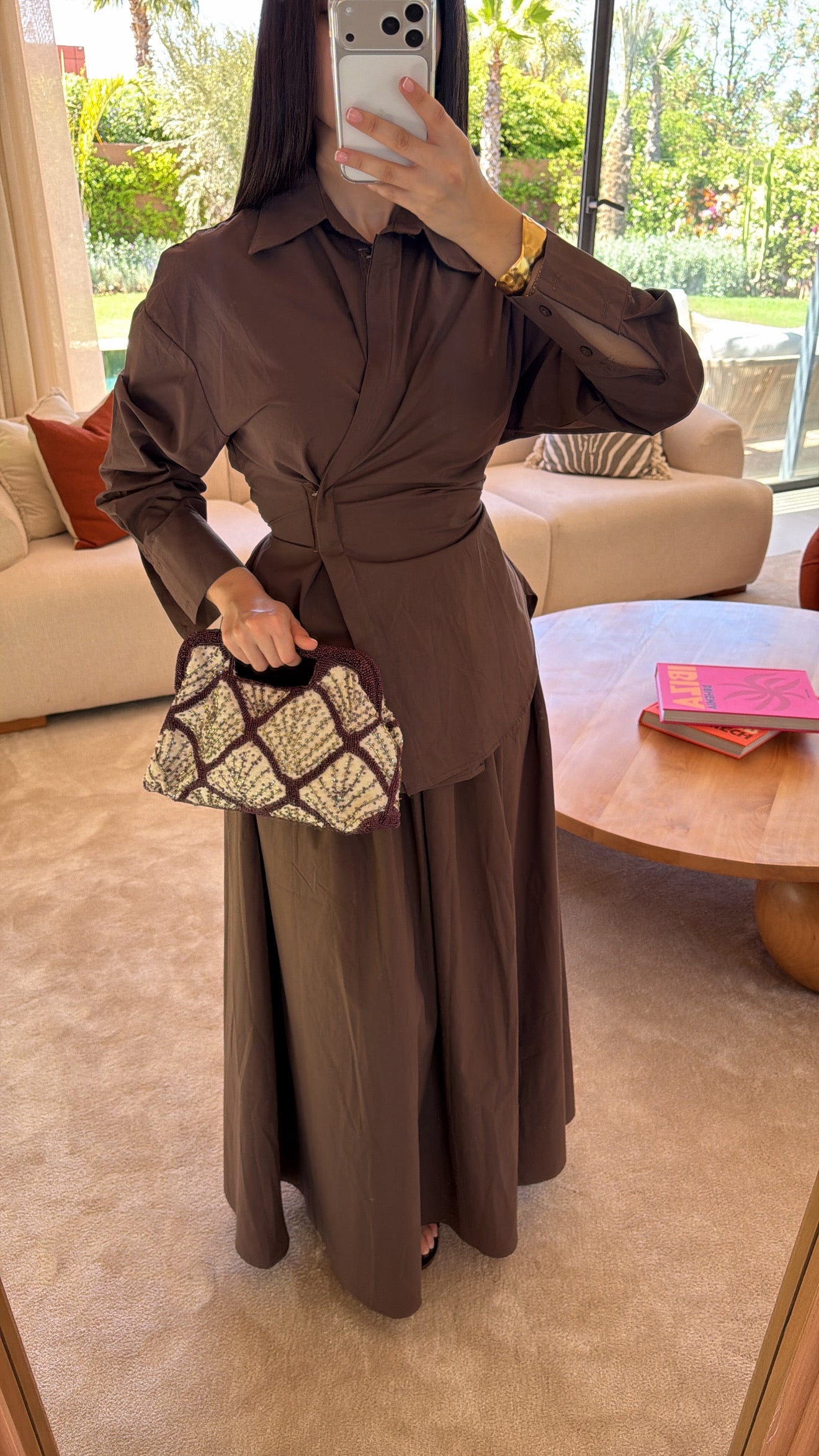 Skater skirt and cinched shirt set [brown]