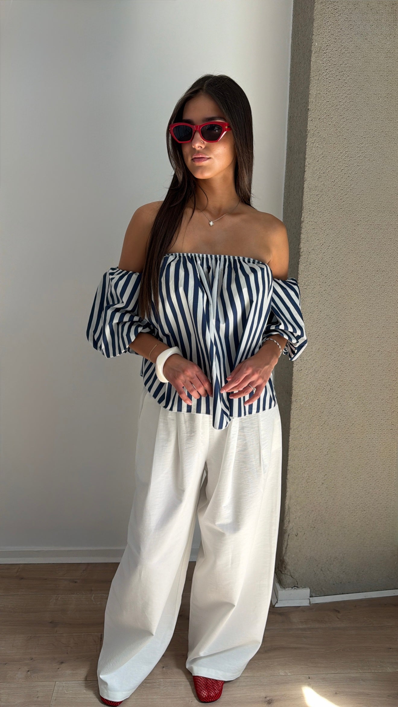Blouse rayée à col bateau [Marine / Blanc]