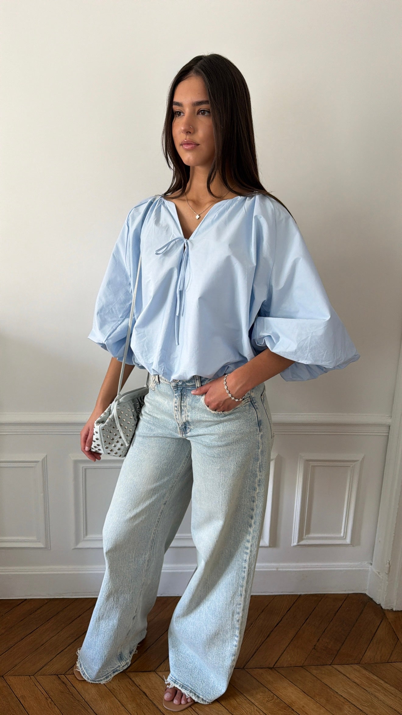 Blouse bouffante à manches 3/4 [bleu]
