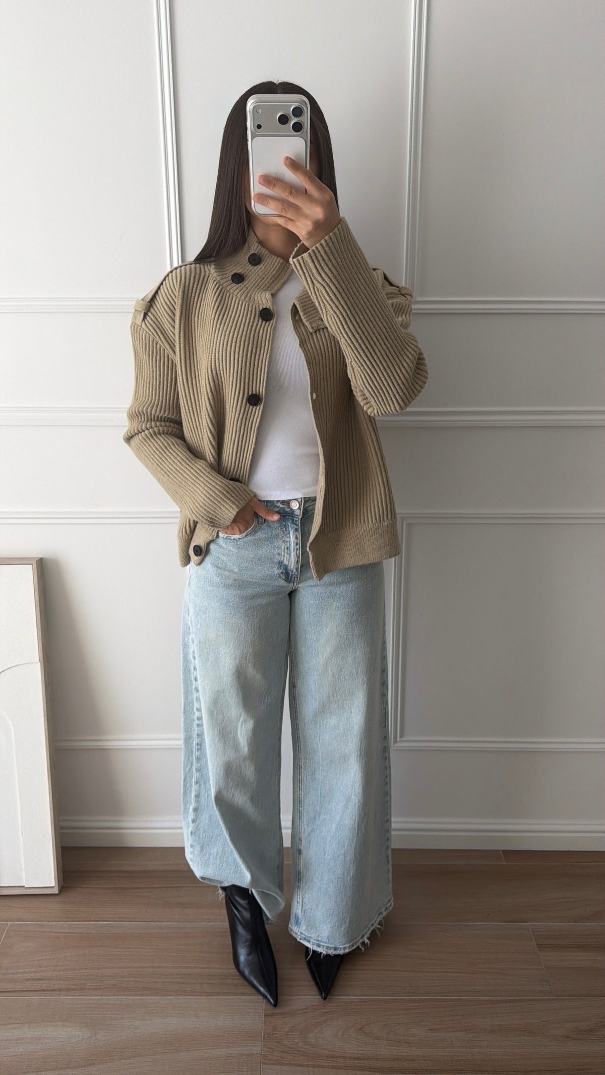 Cardigan en maille côtelée à col montant [kaki]