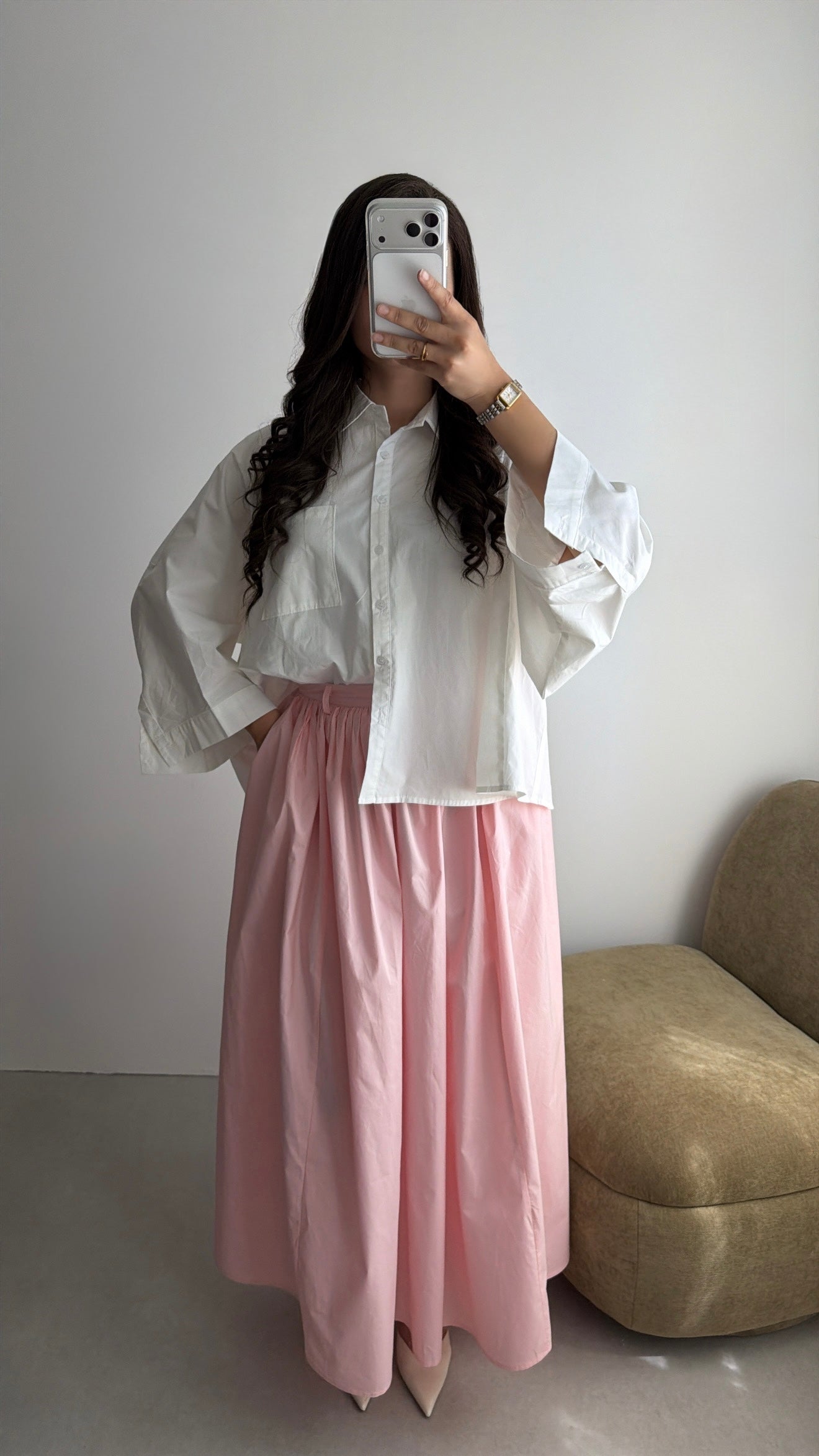 Longue jupe patineuse en coton [ rose ]