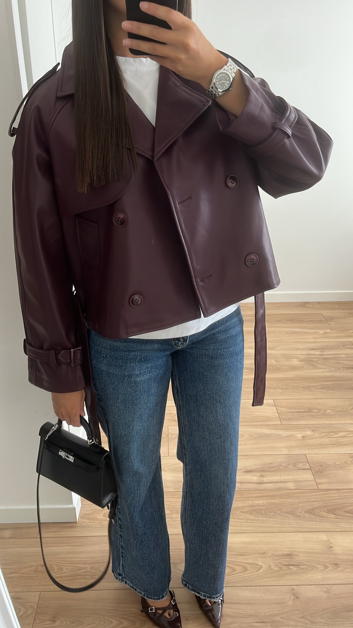 Trench court en simili cuir [ prune / bordeaux ]