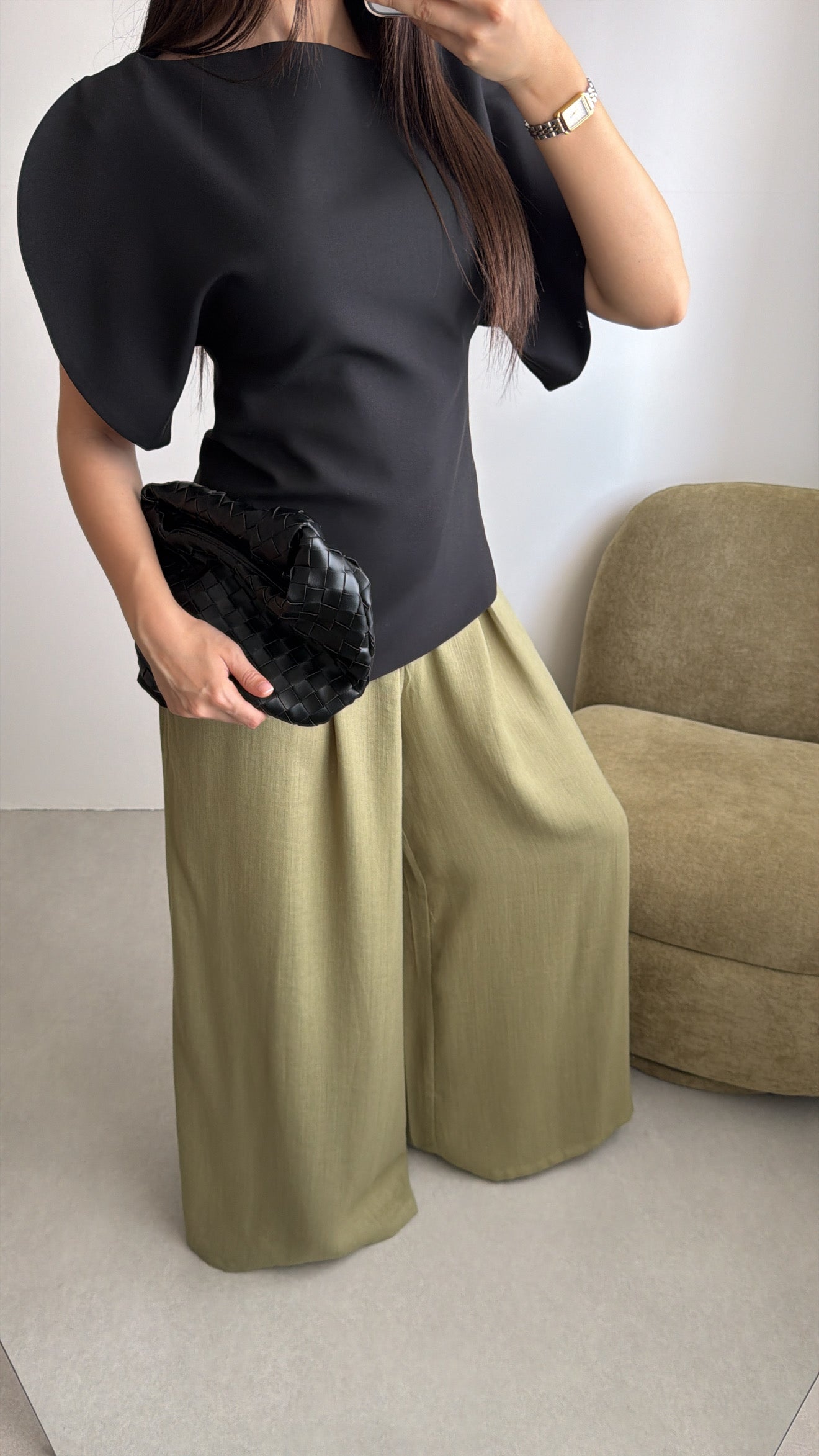 Pantalon évasé effet lin [vert olive]