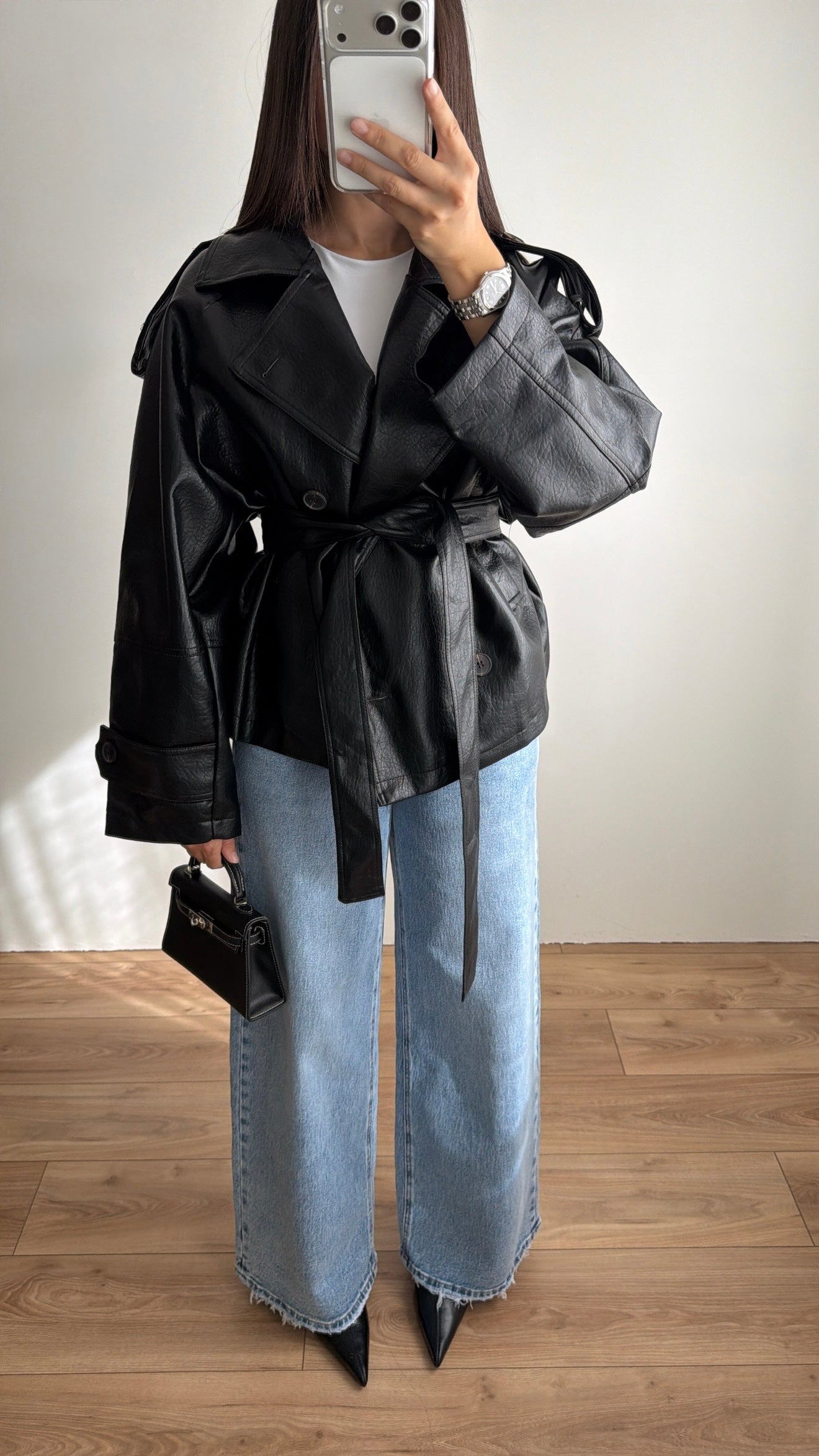 Trench loose en simili cuir [noir]