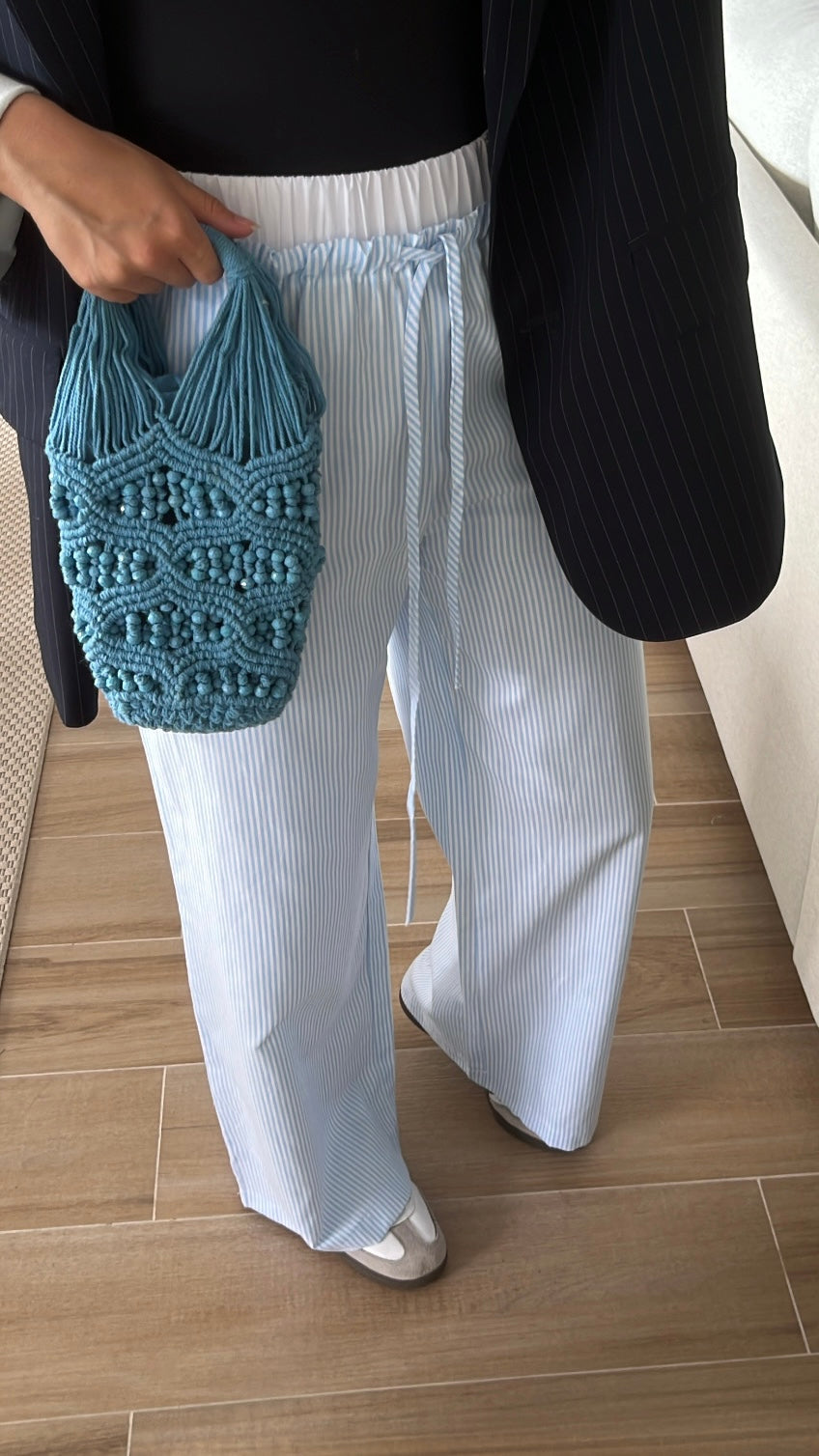 Sky blue and white striped pants