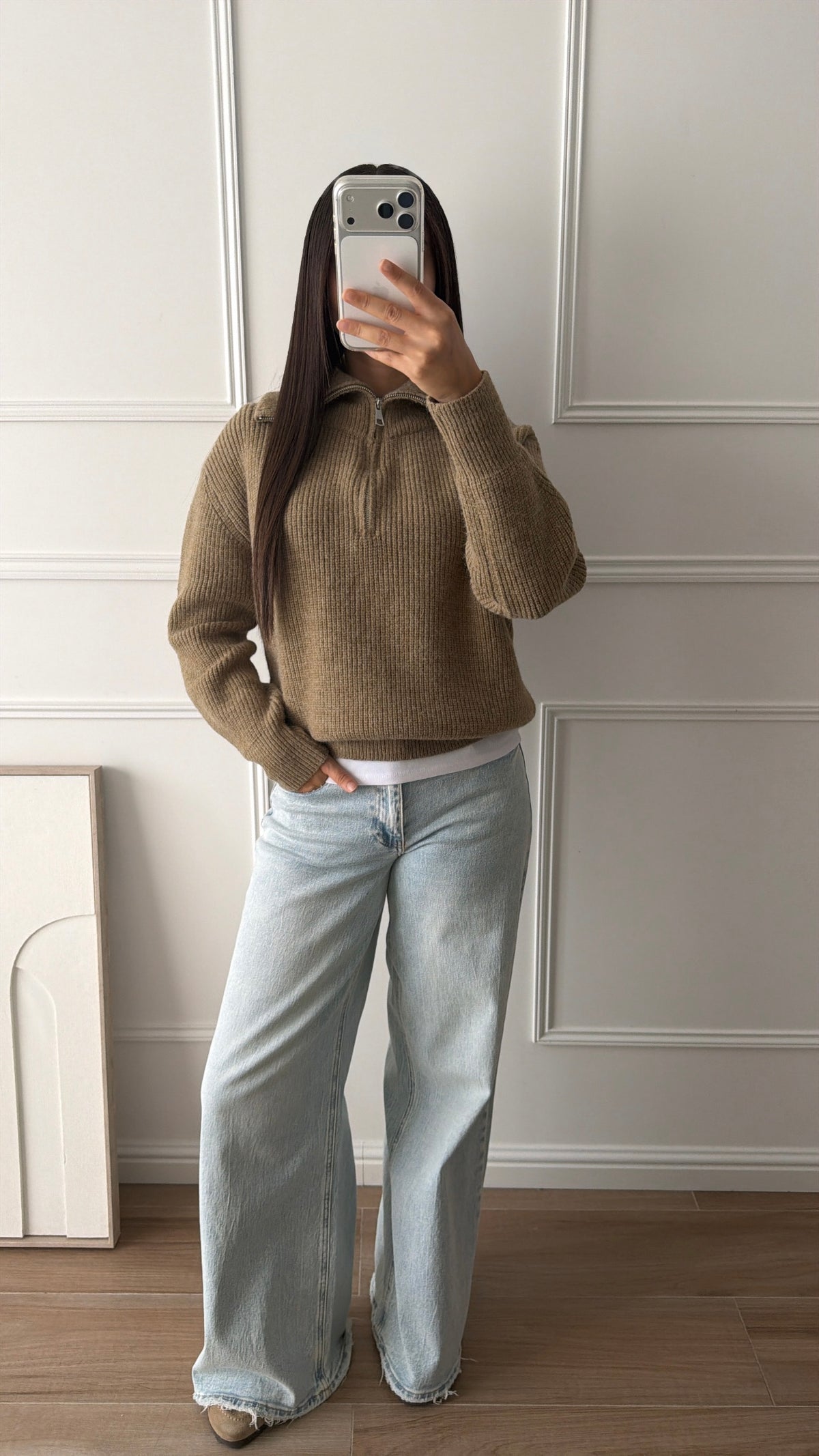 Pull zippé col revers [KAKI]