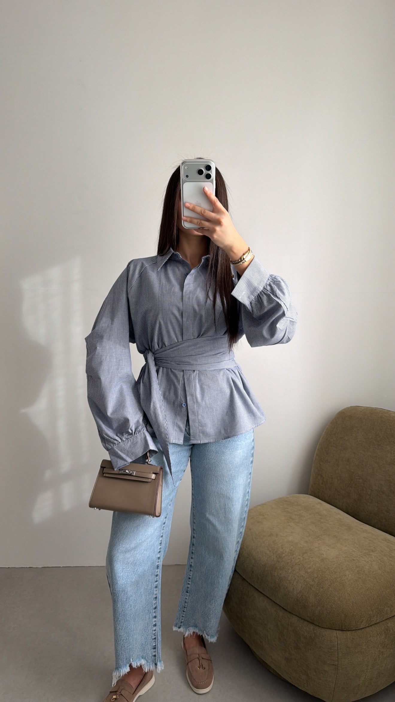 Chemise cache-cœur à manches ballon [vichy]