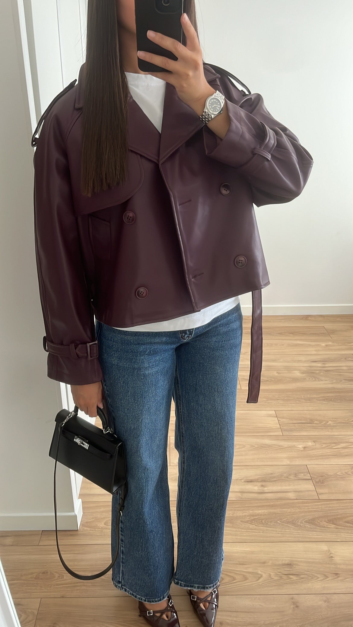 Trench court en simili cuir [ prune / bordeaux ]